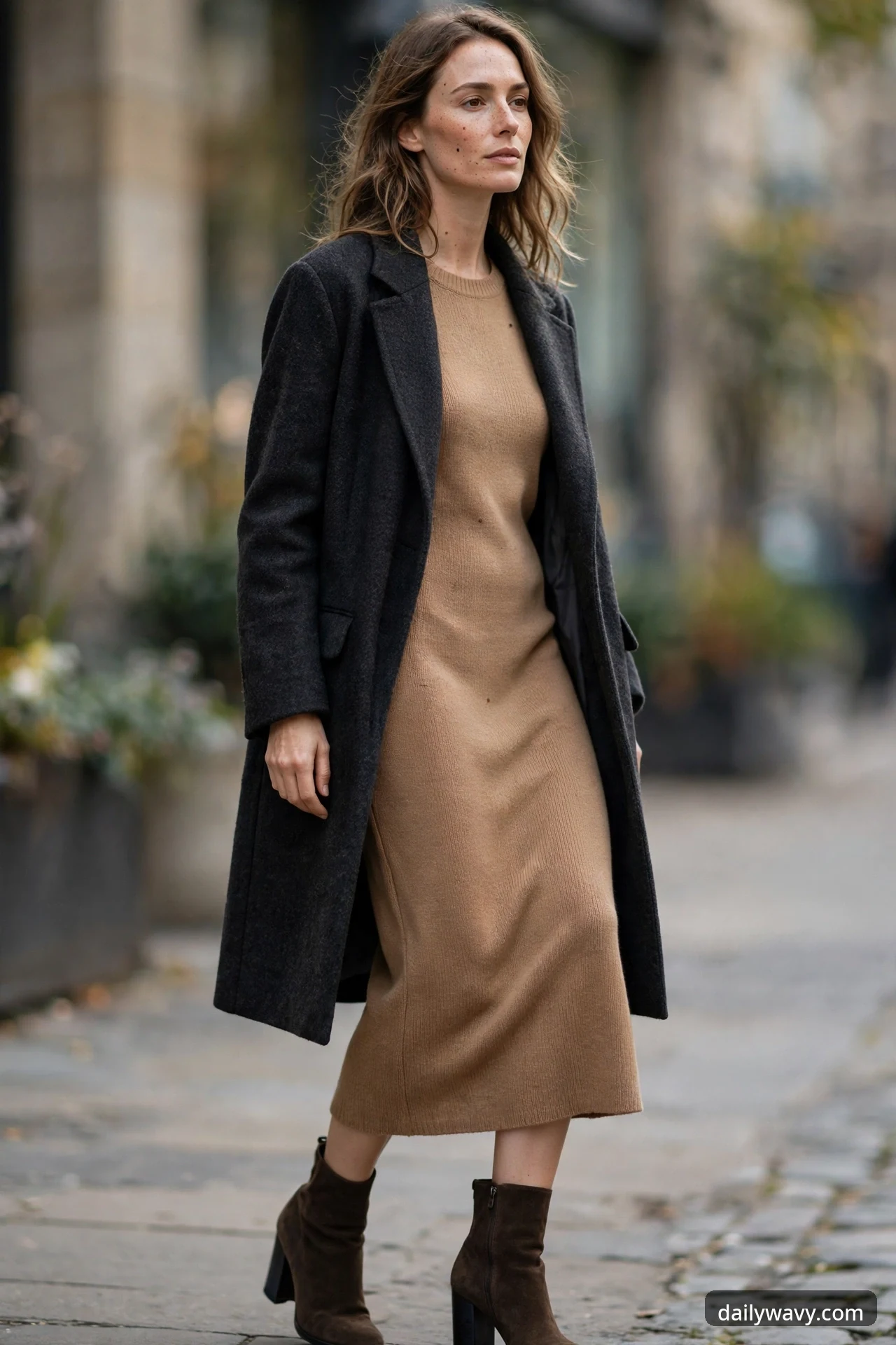 A woman walks on a cobblestone street wearing a camel ribbed knit midi dress under a long charcoal wool coat and brown suede block-heel ankle boots.