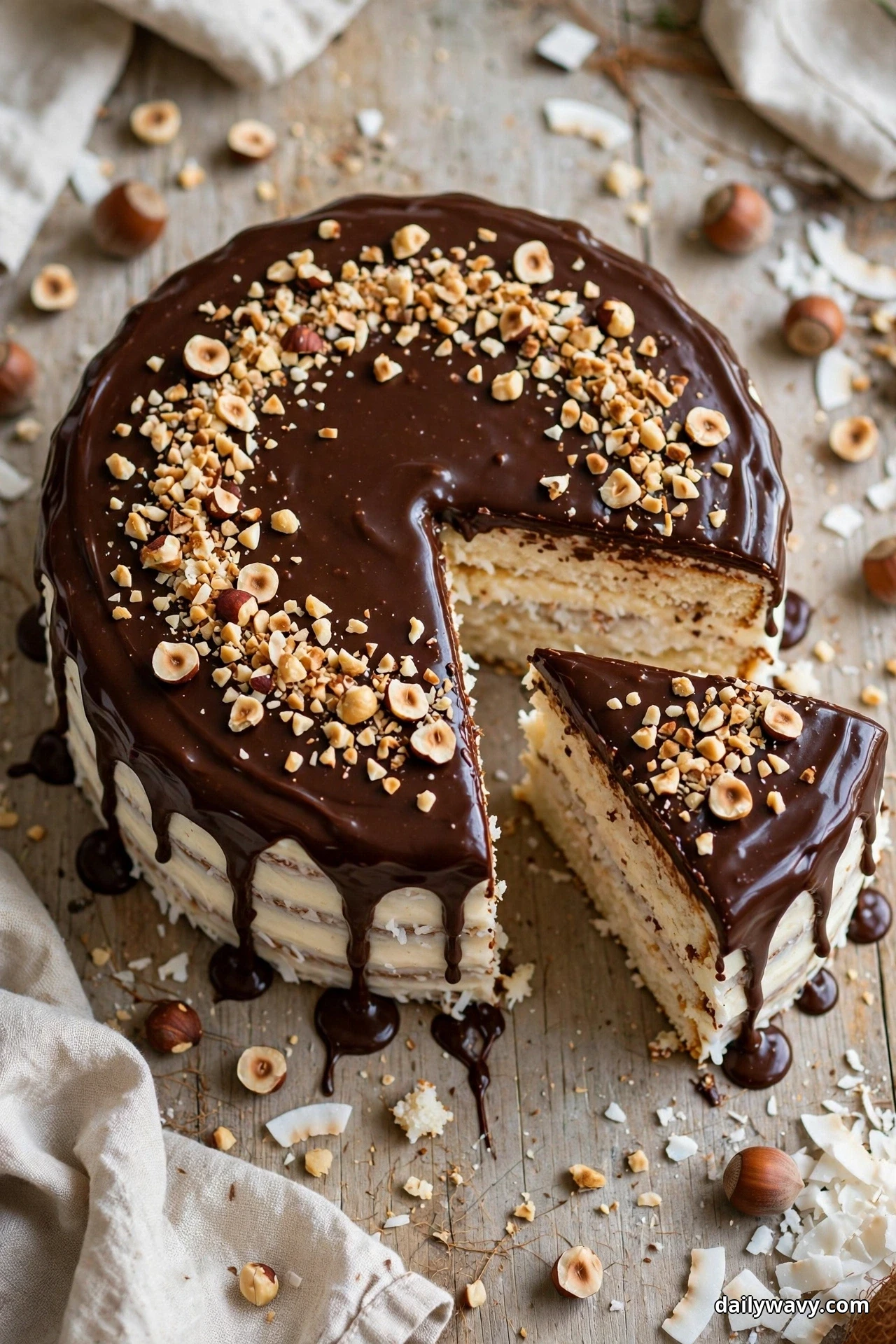 A round coconut cake covered in glossy chocolate ganache and chopped hazelnuts sits on a rustic table with one slice cut