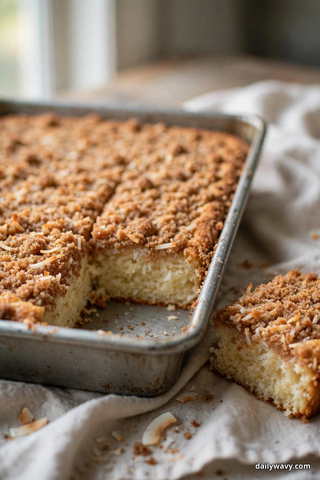 A coconut sheet cake with golden cinnamon crumb topping sits in its metal baking pan with one square cut and served beside it