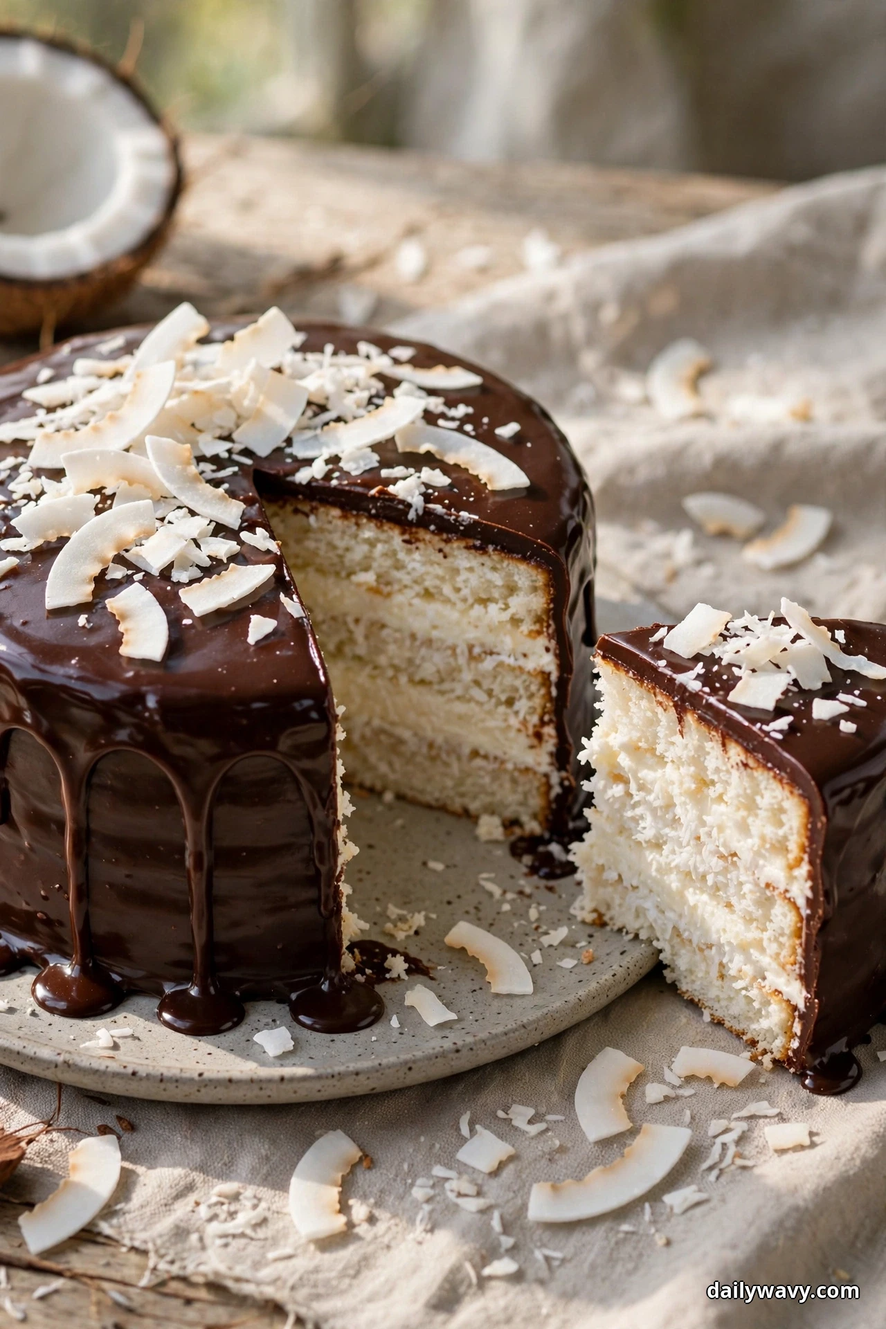 A coconut cake covered in dark chocolate ganache and white coconut flakes sits on a plate with one slice cut and served beside it