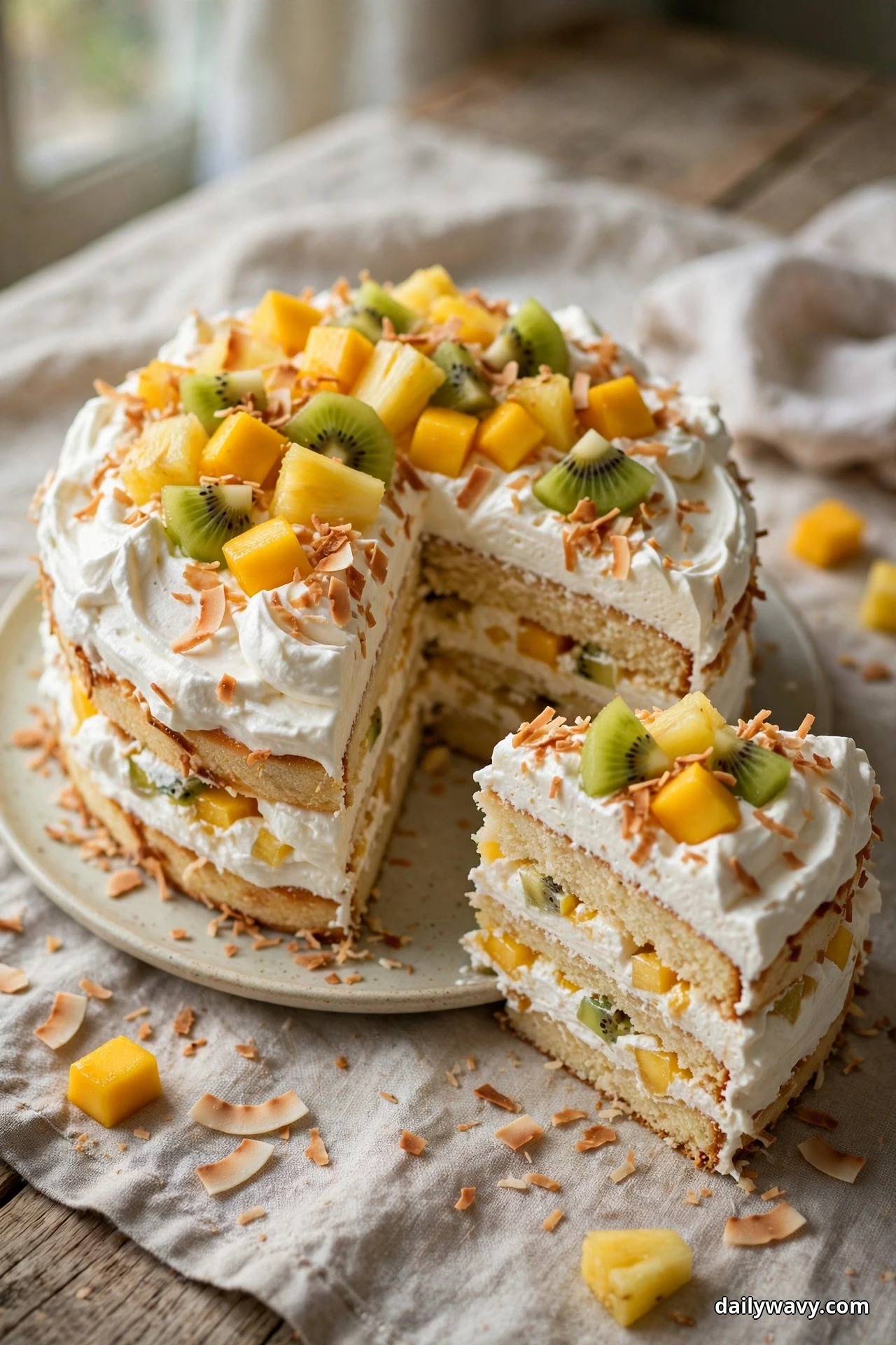 A coconut cake topped with whipped cream and diced mango, kiwi and pineapple sits on a plate with one slice cut and served in front