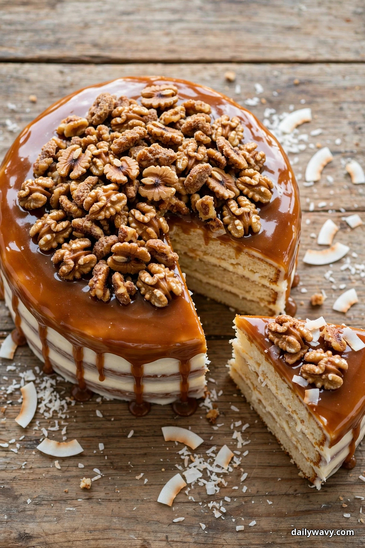 A round coconut cake with glossy maple glaze and a pile of candied walnuts on top sits on a wooden table with one slice cut