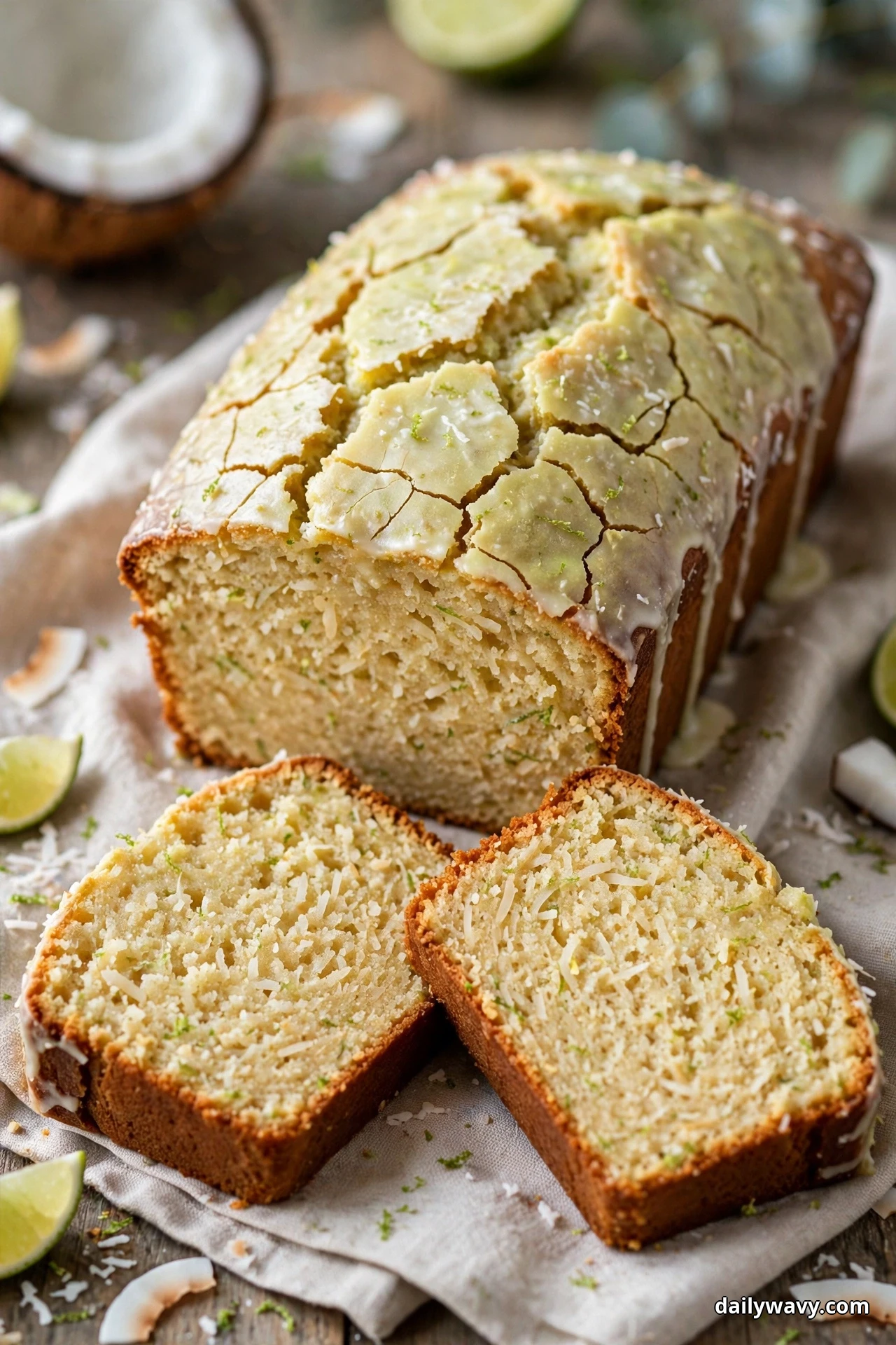 A coconut loaf cake with crackled citrus glaze stands behind two cut slices that show the pale, tight crumb