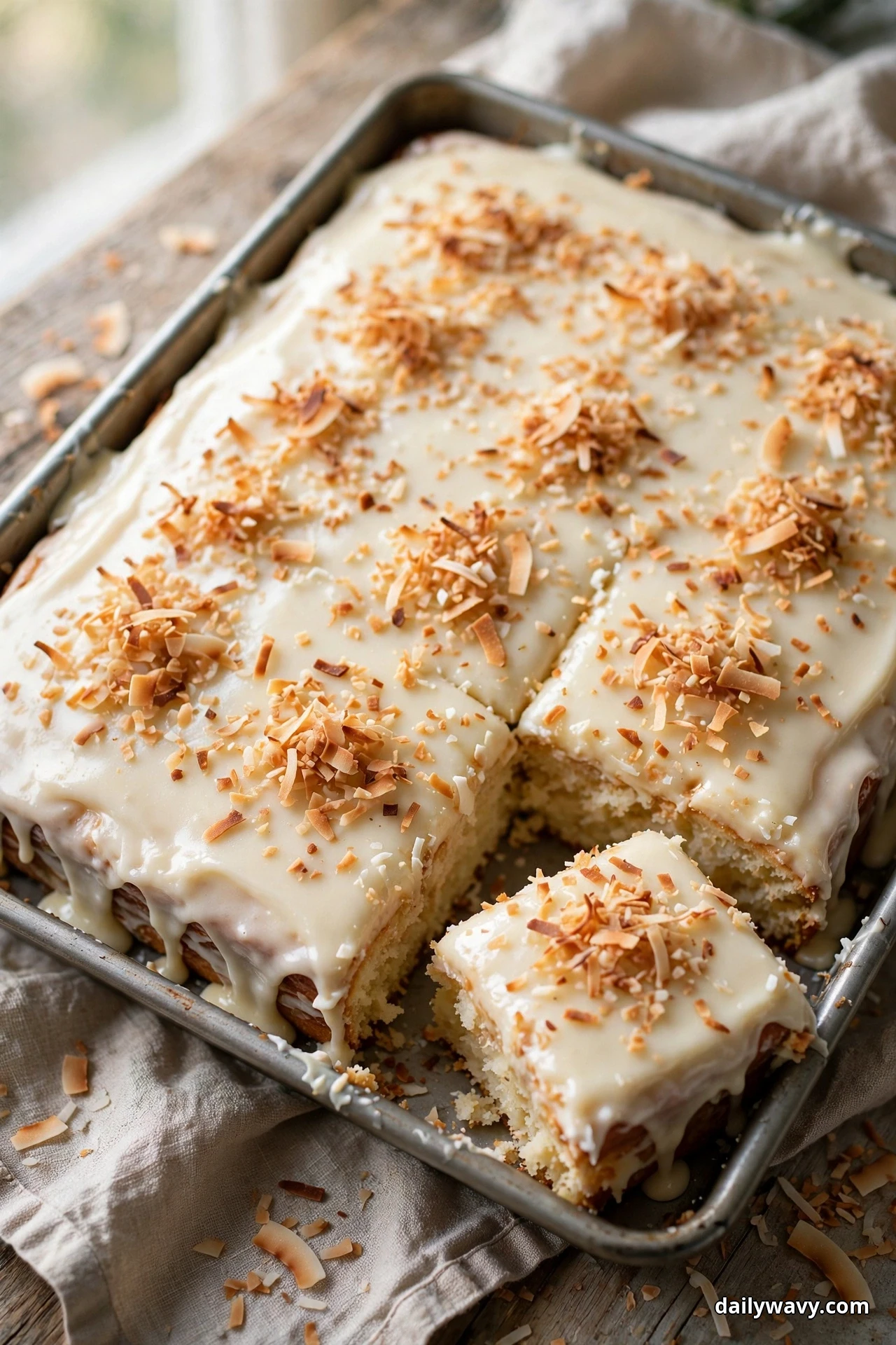 A coconut sheet cake with white vanilla icing and toasted coconut sits in its metal pan, cut into squares with one square pulled forward