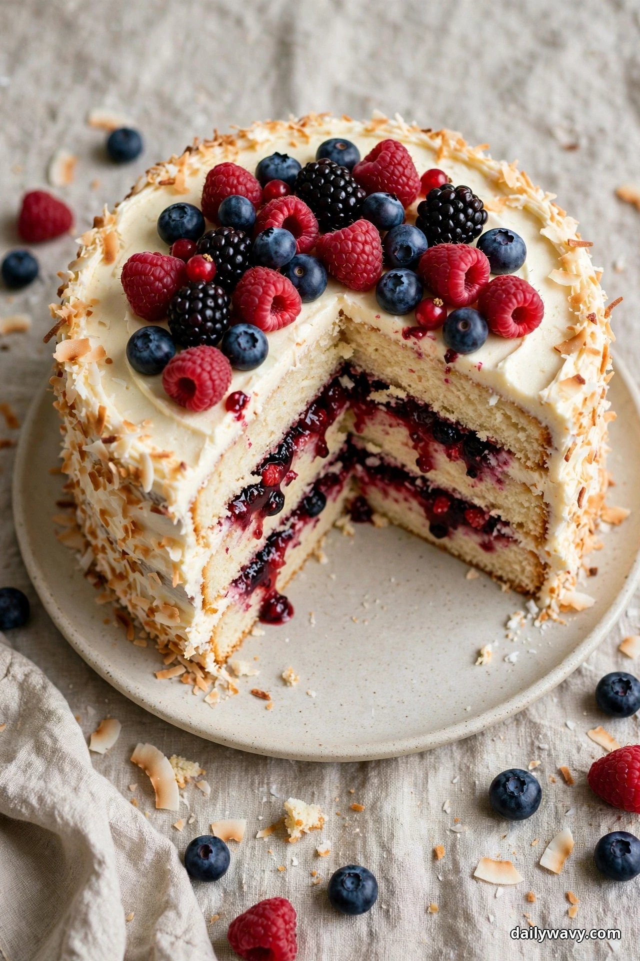 A coconut layer cake with dark berry filling between the layers and fresh raspberries, blueberries and blackberries on top sits on a plate with a slice cut