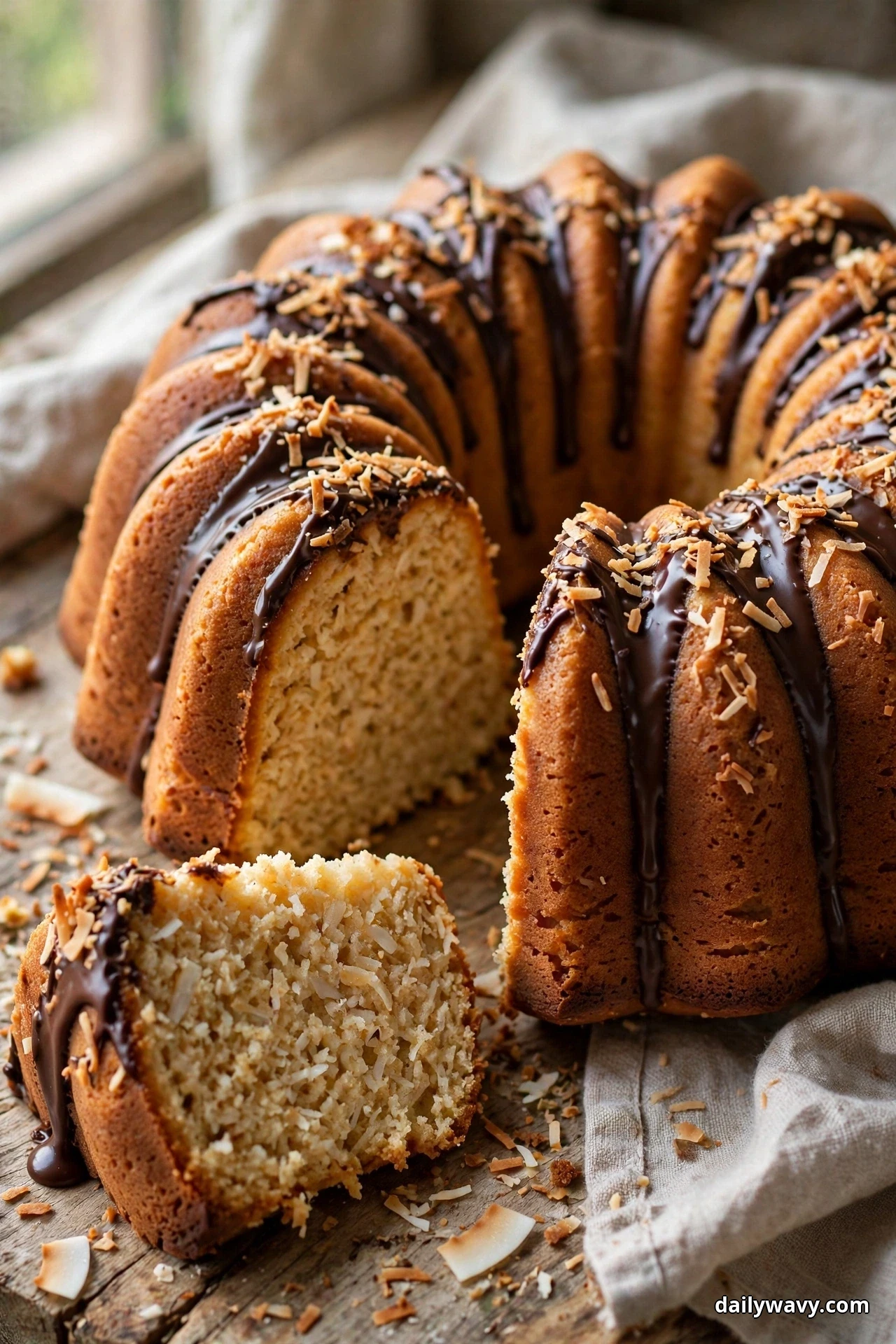 A fluted coconut bundt cake with chocolate drizzle running down its ridges sits on a cloth with one slice cut and served in front