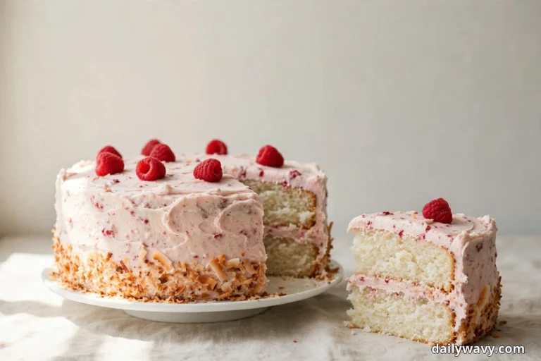 A two-layer coconut cake with pink raspberry buttercream and fresh raspberries on a cake stand, with one slice cut and a second slice served beside it