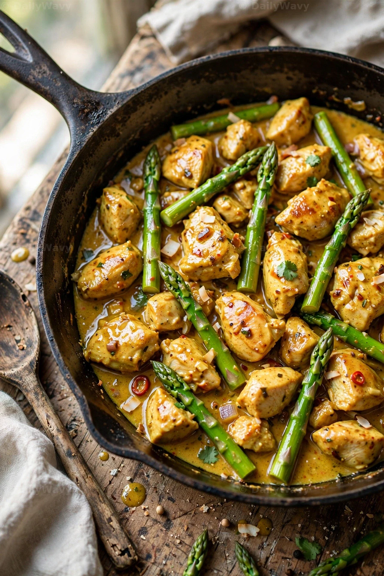 Golden chicken chunks and bright green asparagus spears simmer in coconut curry sauce in a cast-iron skillet, with a wooden spoon resting beside the pan.