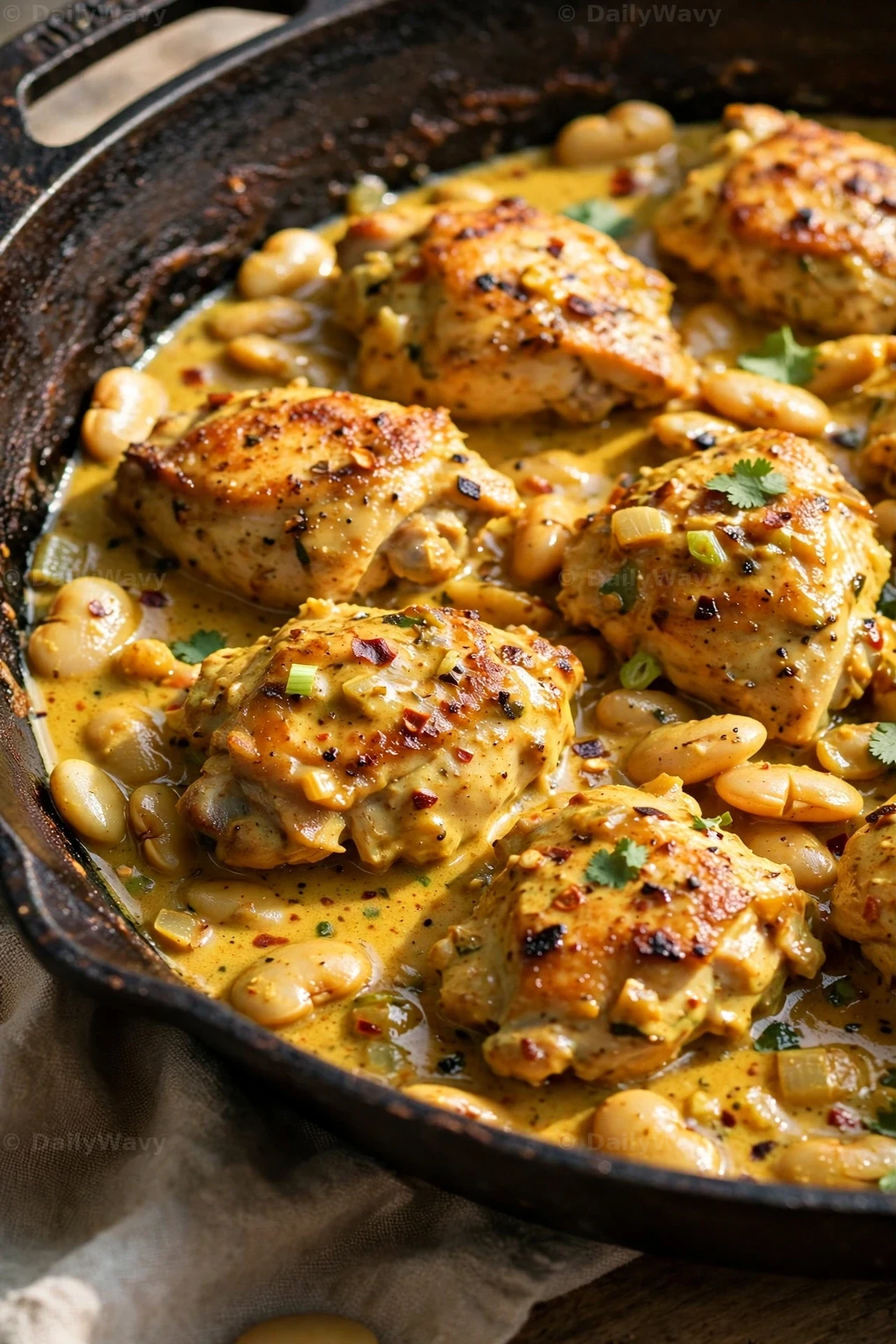 Seared chicken thighs and plump butter beans simmer in creamy coconut curry sauce in a cast-iron skillet.
