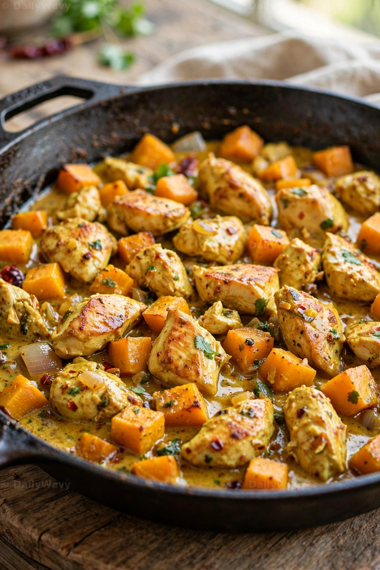 Seared chicken chunks and bright orange butternut squash cubes simmer in coconut curry sauce in a cast-iron skillet on a wooden board.
