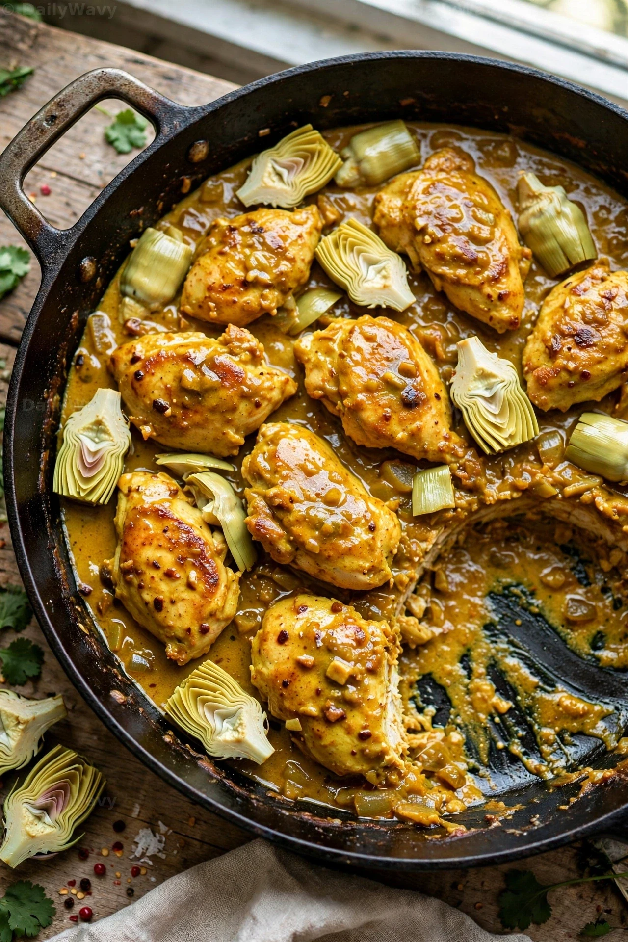 Chicken pieces and halved artichoke hearts sit in golden coconut curry sauce in a cast-iron skillet, with one serving already lifted from the pan.