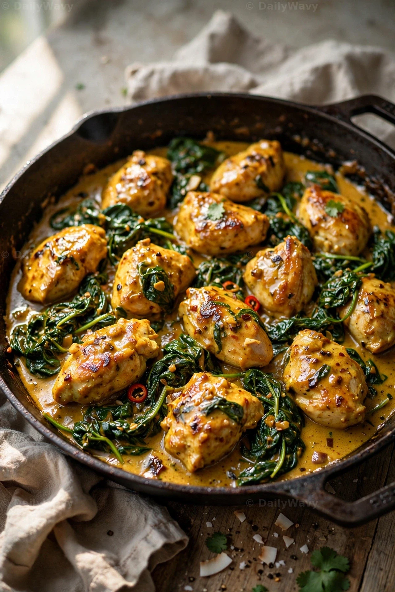 Seared chicken chunks and wilted spinach leaves fill a cast-iron skillet of golden coconut curry, with a linen cloth beside the pan.