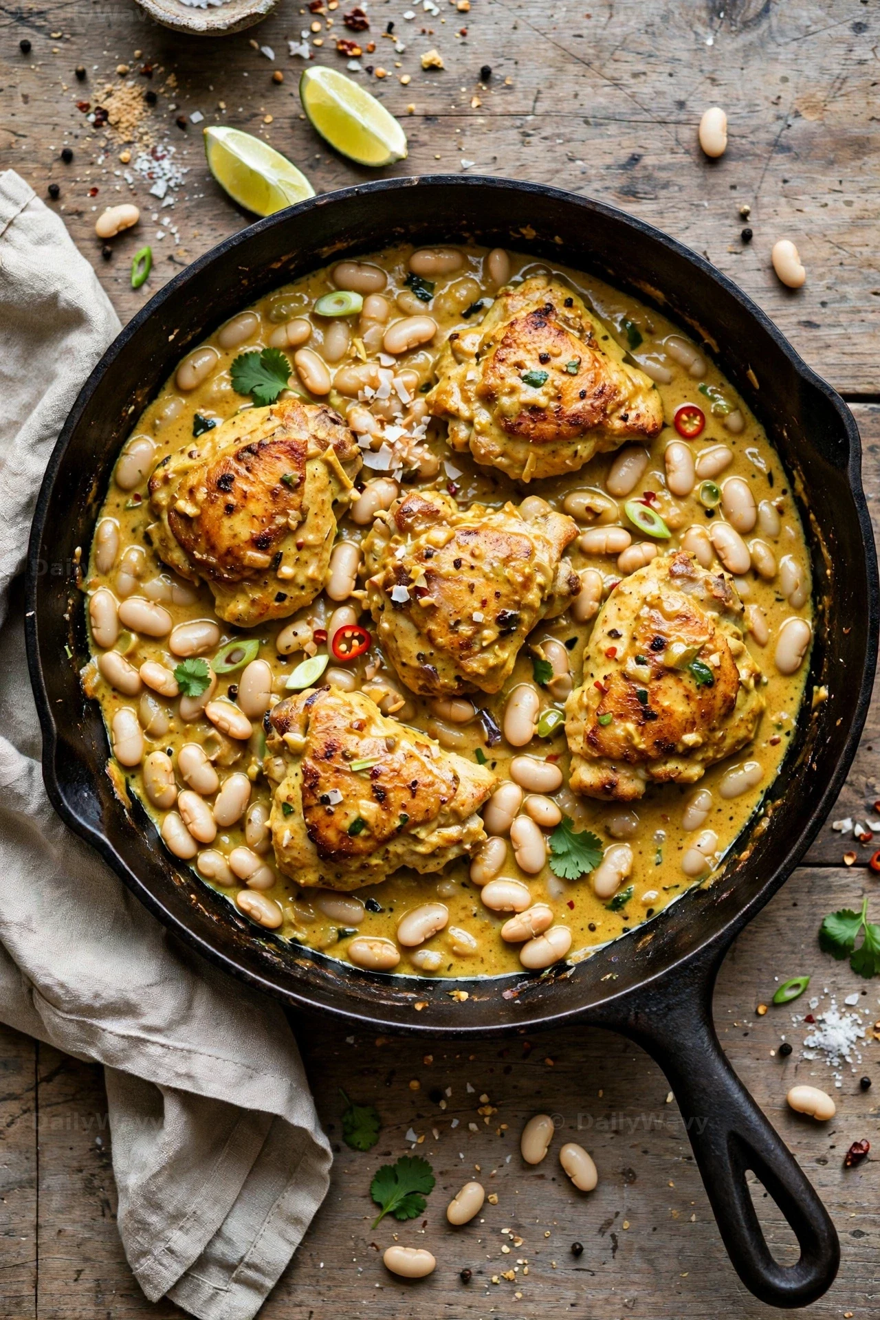 Seared chicken thighs and creamy white cannellini beans simmer in coconut curry sauce in a cast-iron skillet, seen from above with lime wedges on the wooden table.