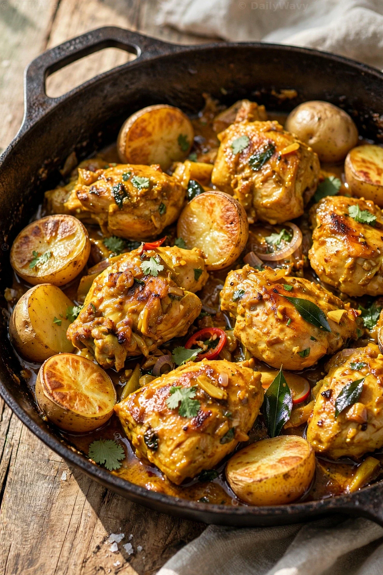 Seared chicken thighs and halved baby potatoes with golden cut faces sit in coconut curry sauce in a cast-iron skillet.