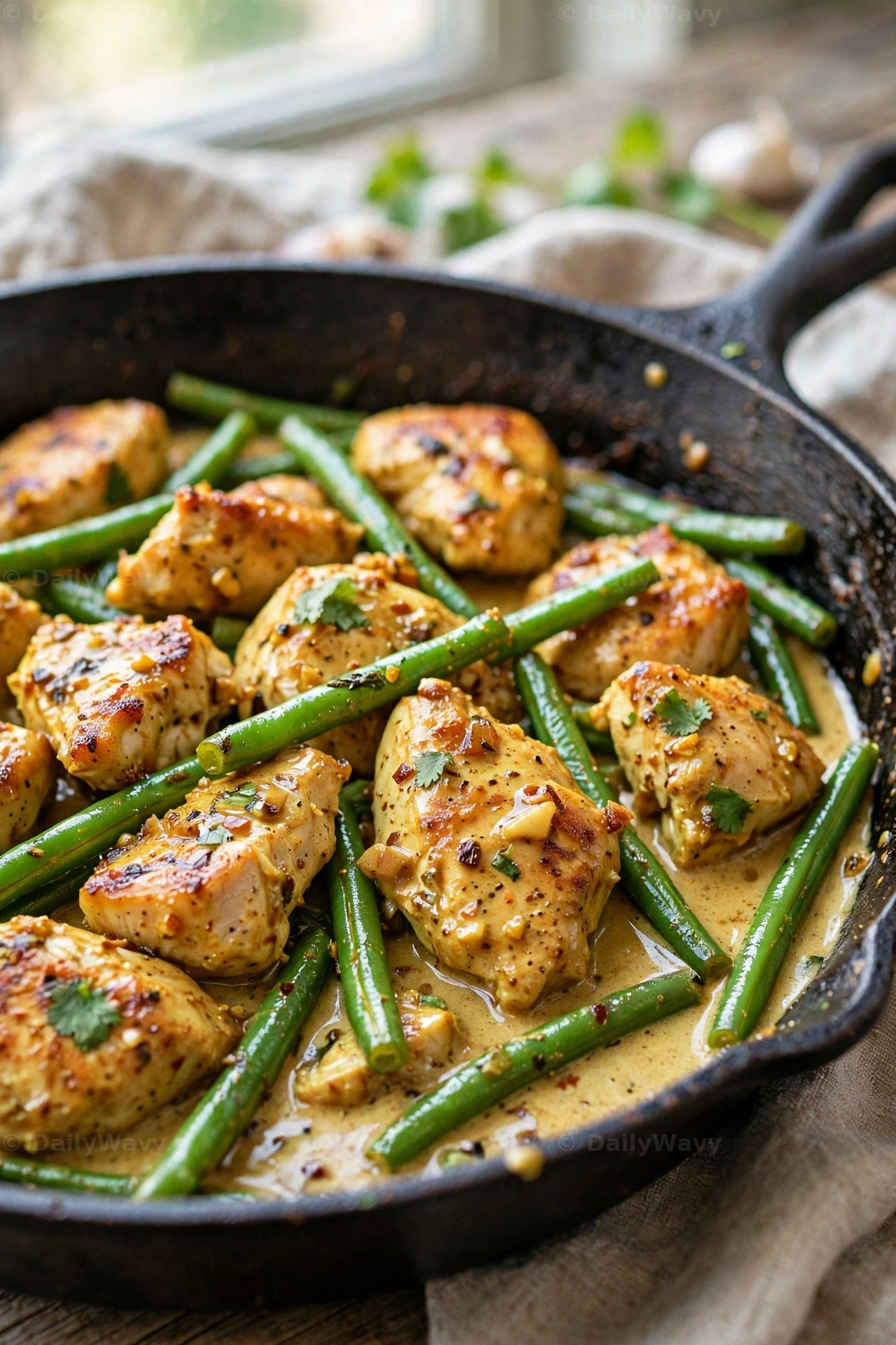 Seared chicken chunks and long green beans simmer in creamy coconut curry sauce in a cast-iron skillet by a window.