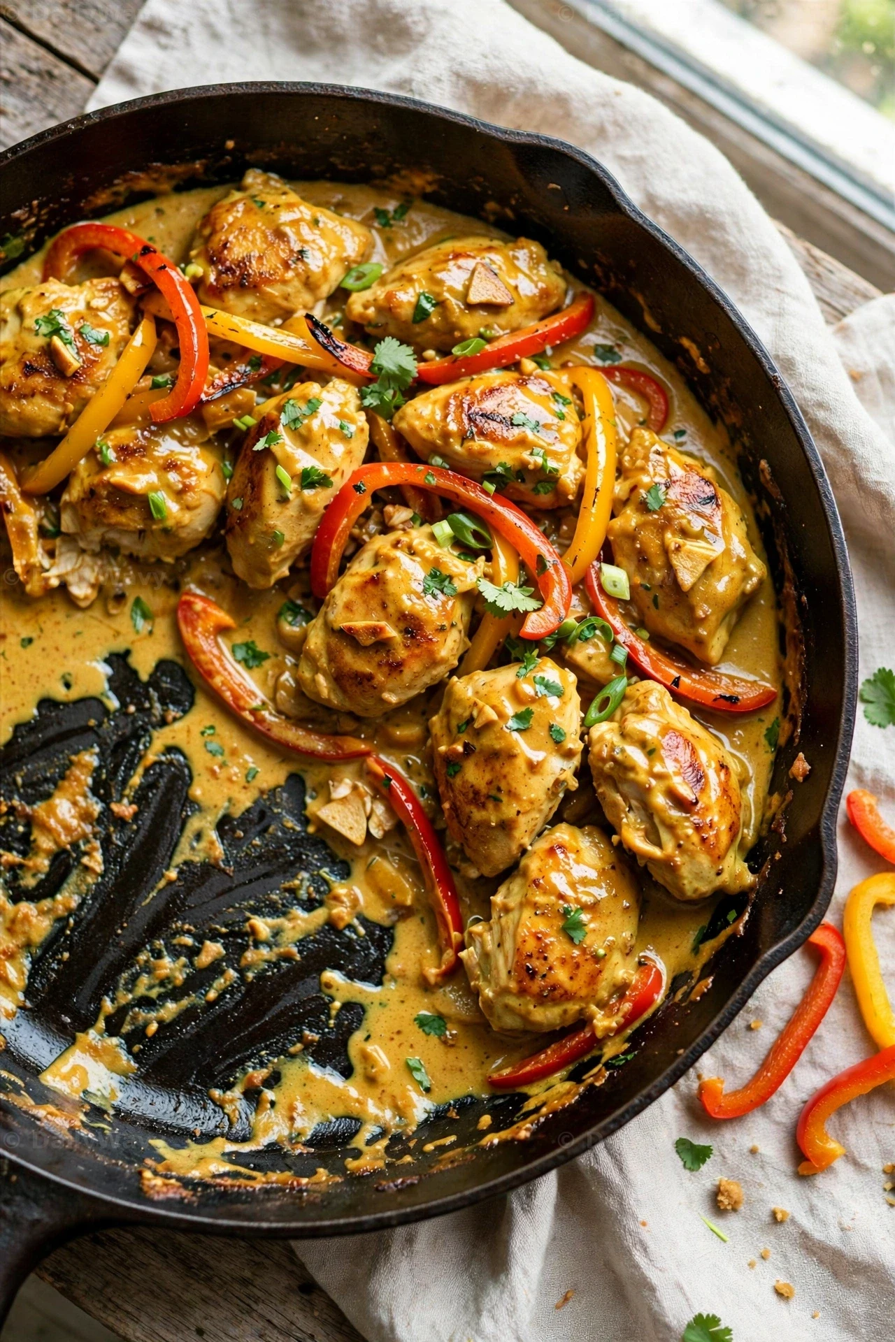 Chicken pieces and red and yellow bell pepper strips fill a cast-iron skillet of coconut curry, with one side of the pan already served.