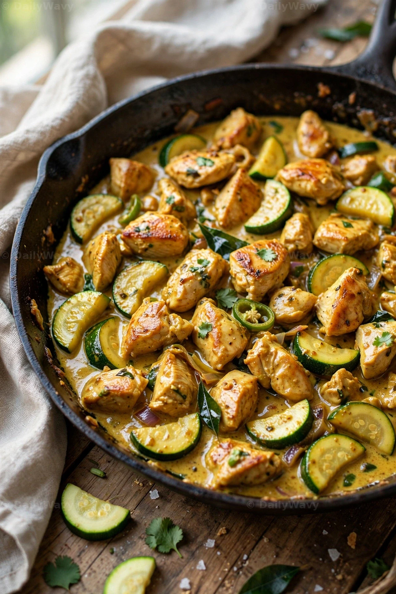 Seared chicken chunks and zucchini half-moons simmer in golden coconut curry sauce in a cast-iron skillet, with a linen cloth beside the pan.