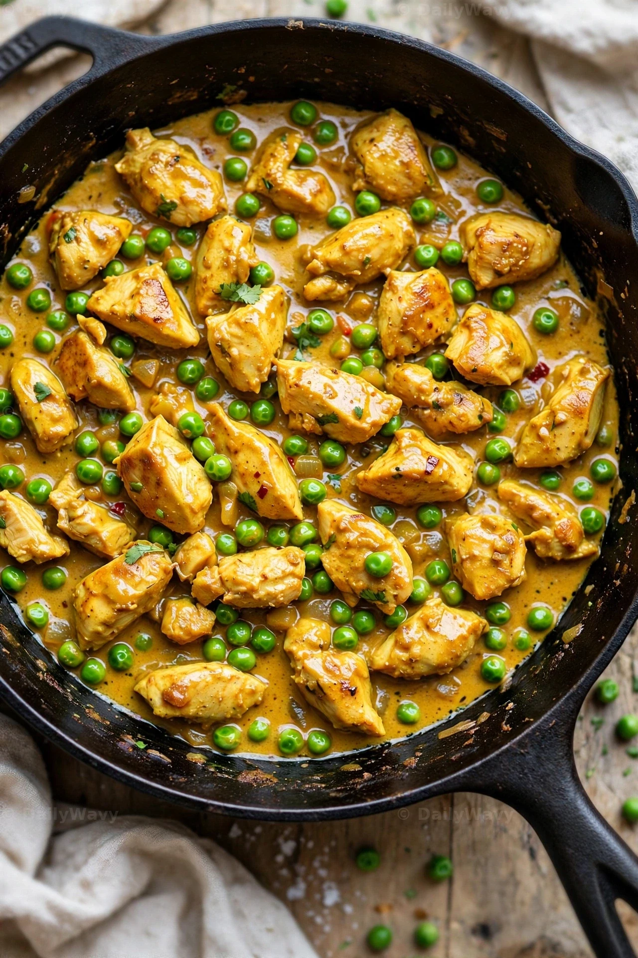 Chicken chunks and bright green peas fill a cast-iron skillet of glossy coconut curry, seen from almost directly above.