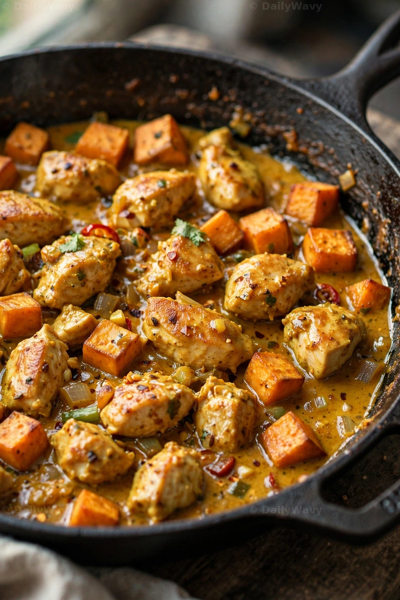 A close view shows seared chicken chunks and orange sweet potato cubes simmering in coconut curry sauce in a black skillet.