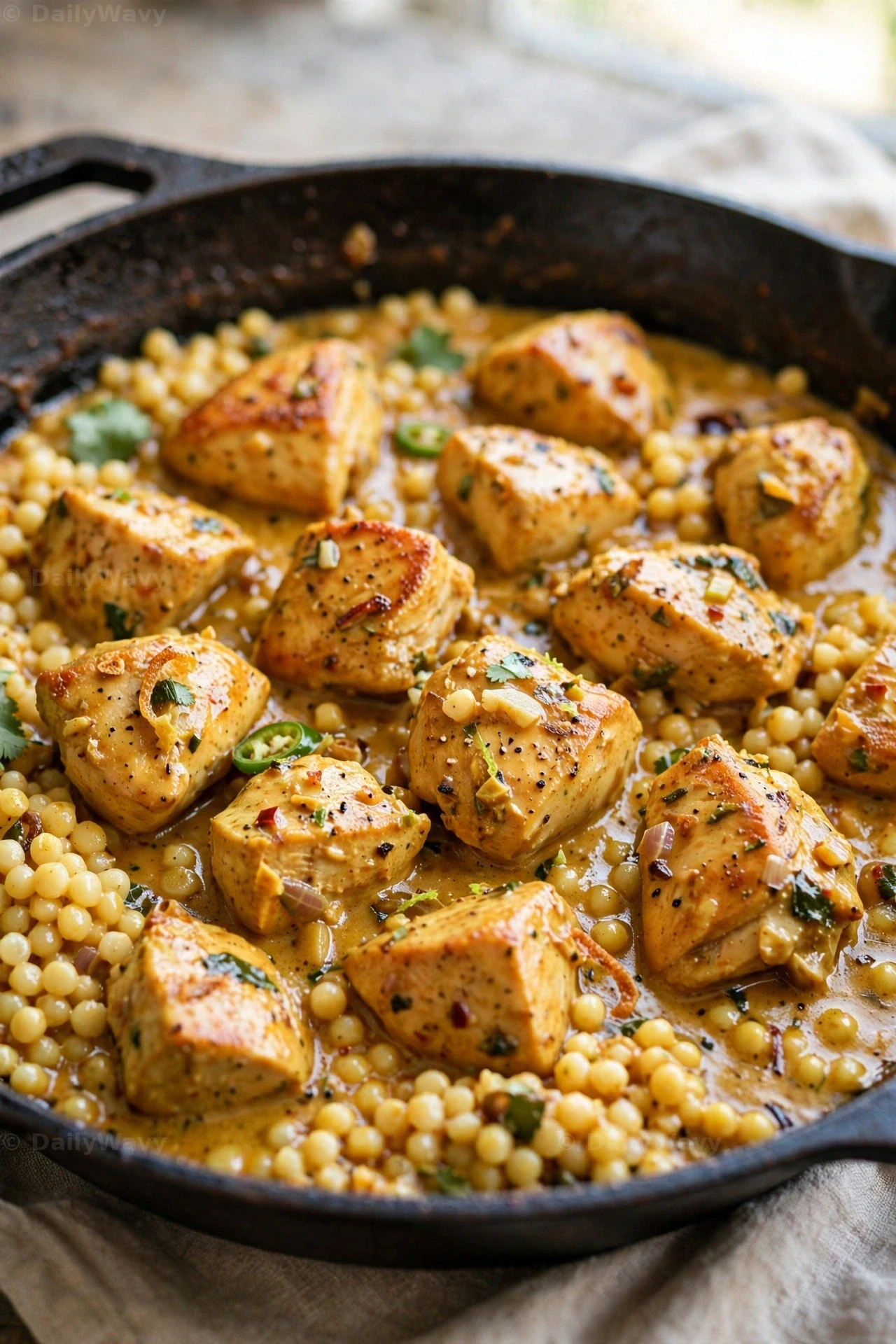 Seared chicken chunks sit among plump pearl couscous pearls soaked in coconut curry sauce in a cast-iron skillet.