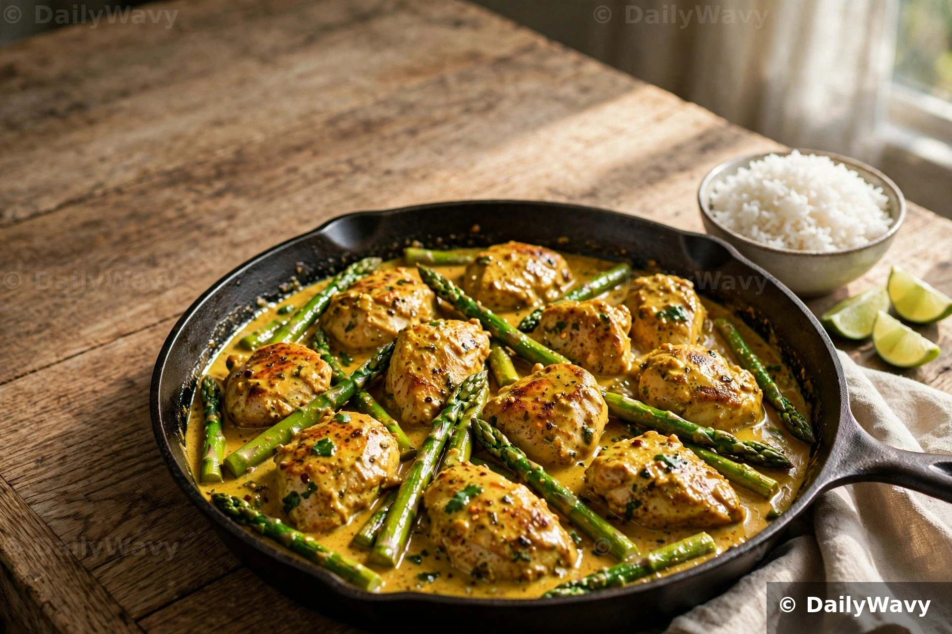 A cast-iron skillet of coconut curry chicken and asparagus spears in golden sauce sits on a wooden table beside a bowl of jasmine rice and lime wedges.