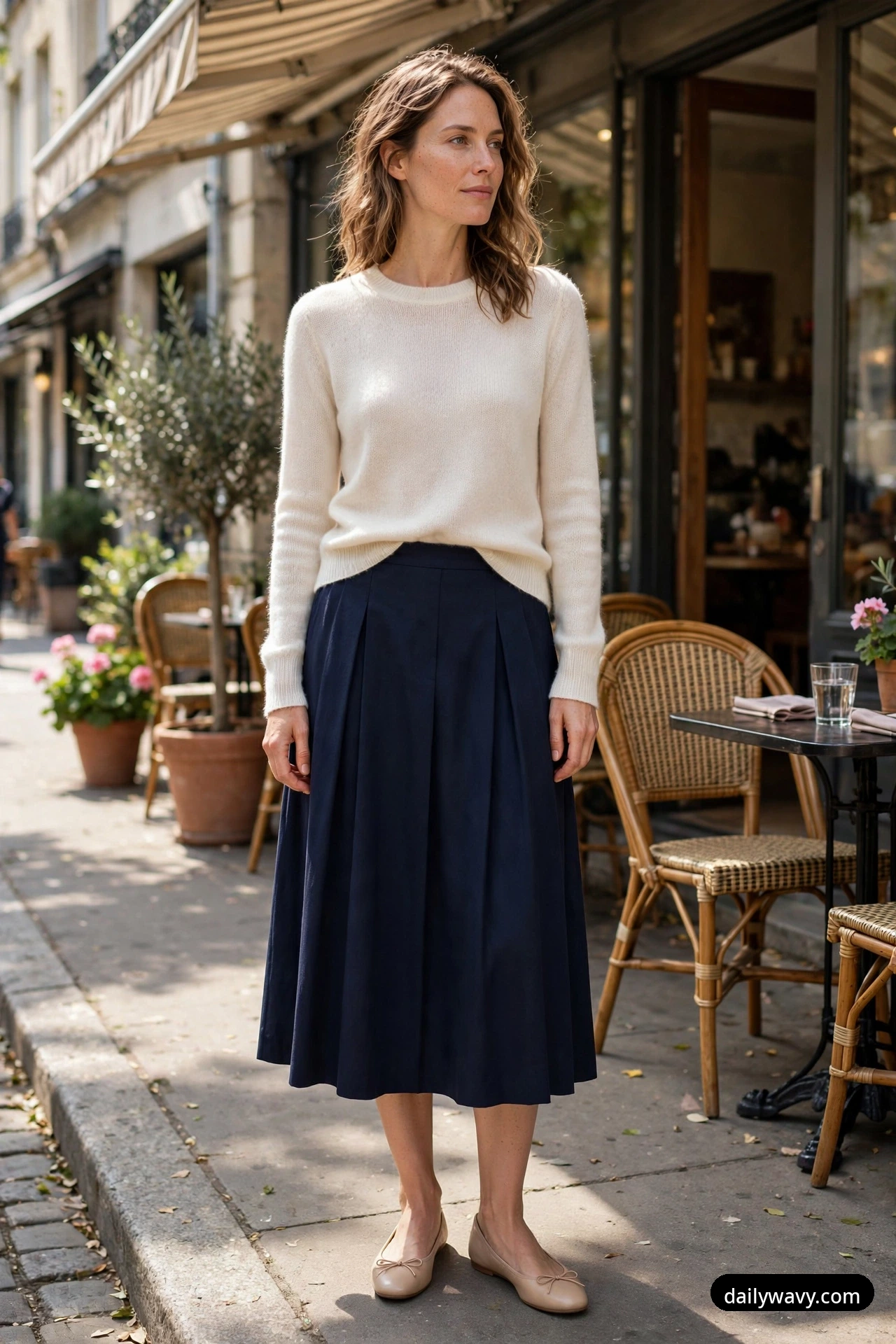 A closer front view of the woman outside a cafe wearing an ivory fine-knit sweater tucked into a navy midi skirt and nude ballet flats with small bows.