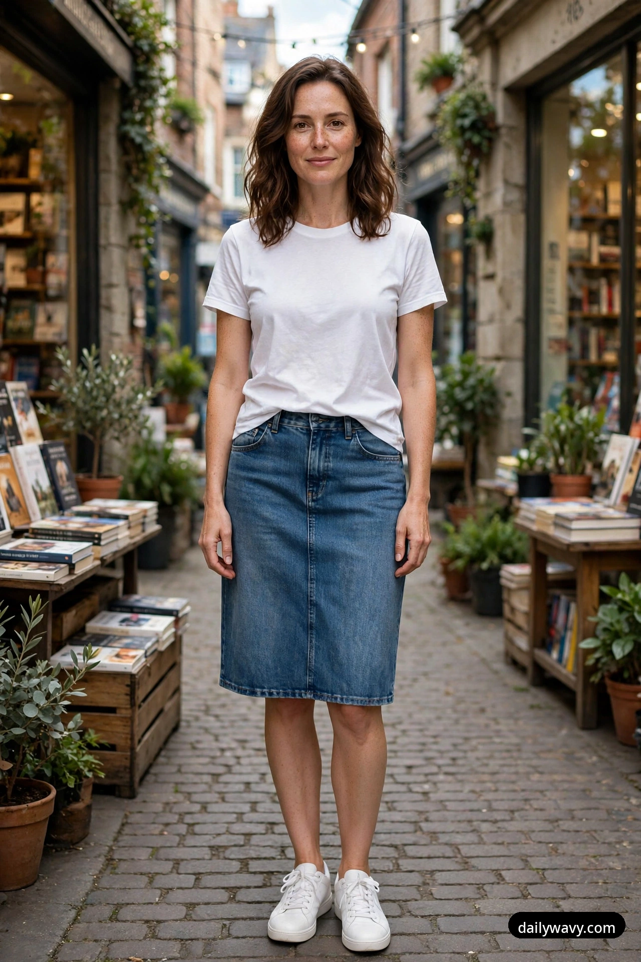A woman stands facing the camera in a bookshop alley wearing a plain white tee tucked into a medium-wash denim midi skirt and white sneakers.