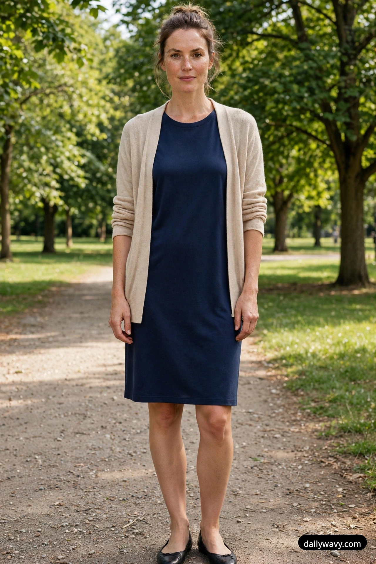 A woman stands on a park path wearing an open beige cardigan over a navy jersey dress and black ballet flats.