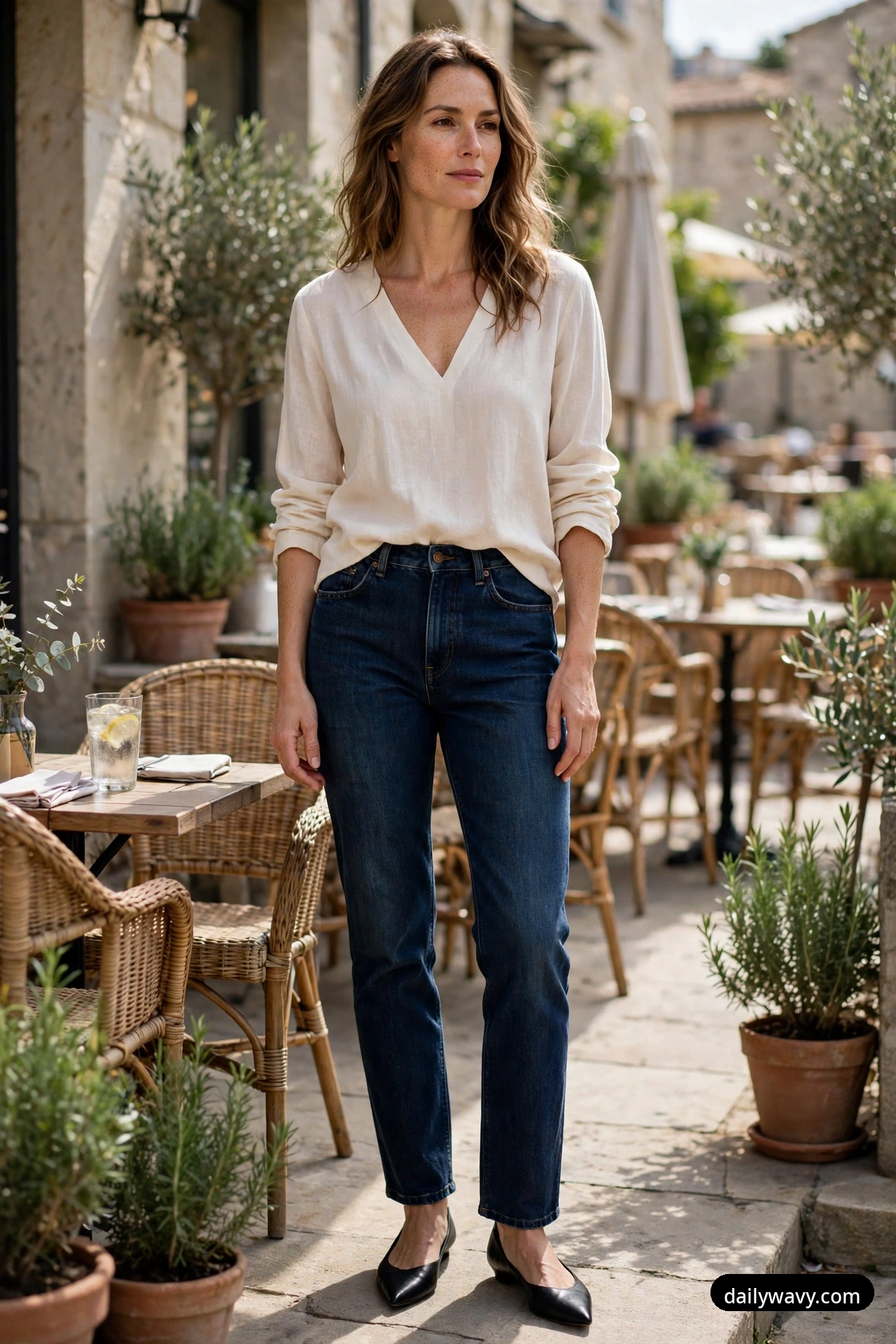 A woman stands on an outdoor cafe terrace wearing an ivory V-neck blouse tucked into dark indigo jeans and black pointed flats.
