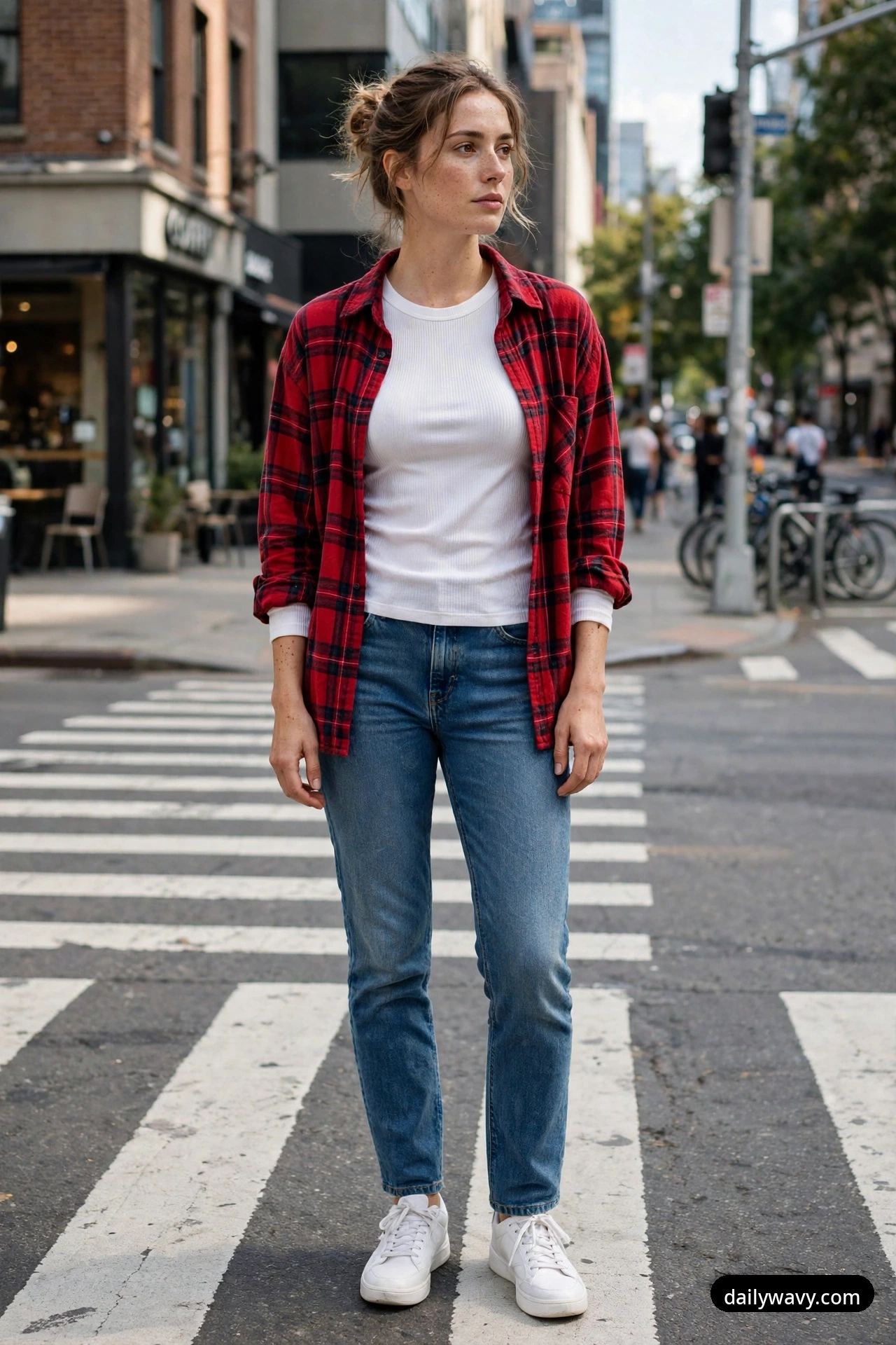 A woman stands on a city crosswalk wearing a red plaid flannel overshirt open over a white ribbed tee with medium-wash jeans and white sneakers.