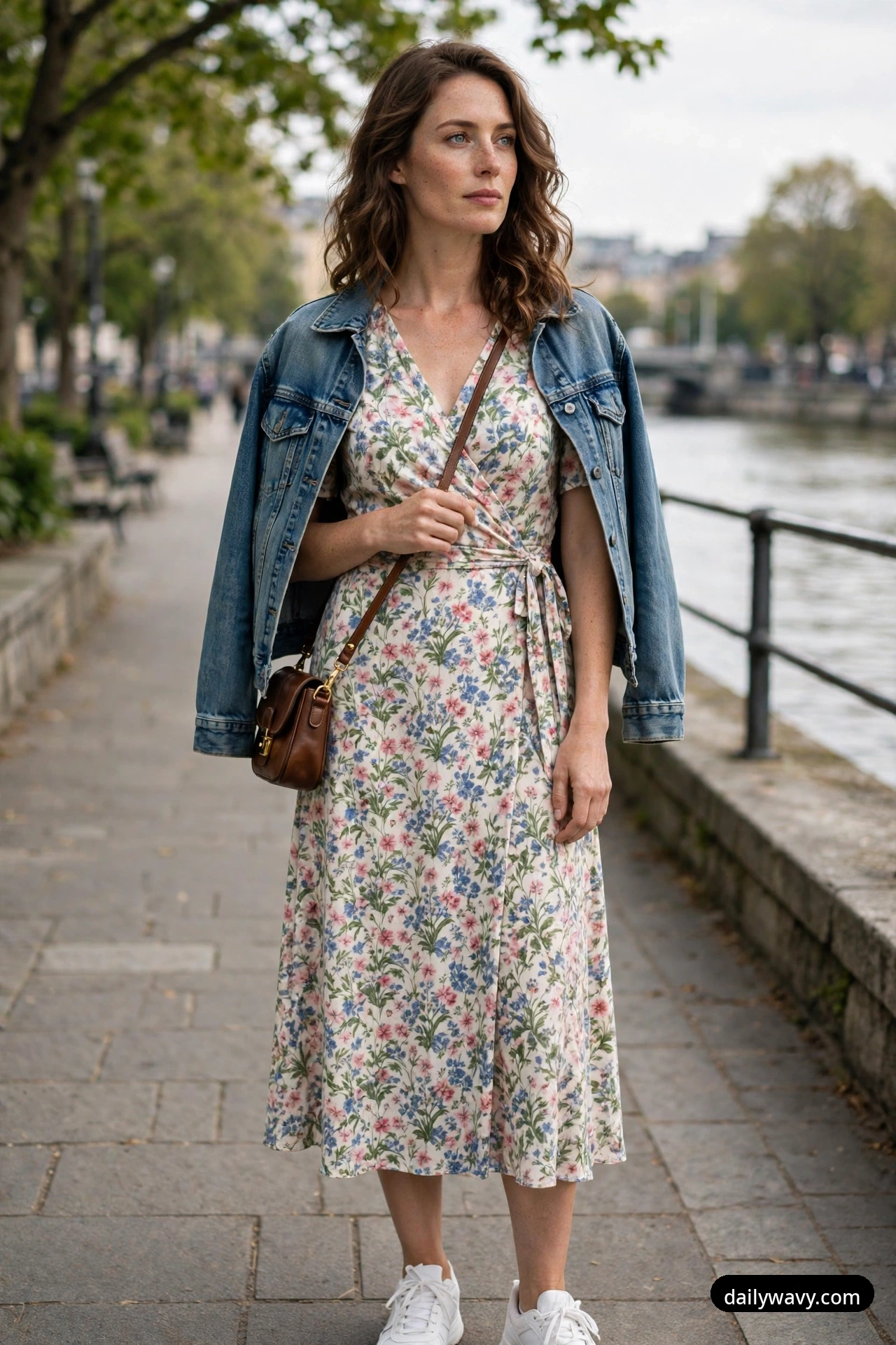 A woman stands on a riverside walkway wearing a floral wrap midi dress under an open denim jacket, a brown crossbody bag and white sneakers.