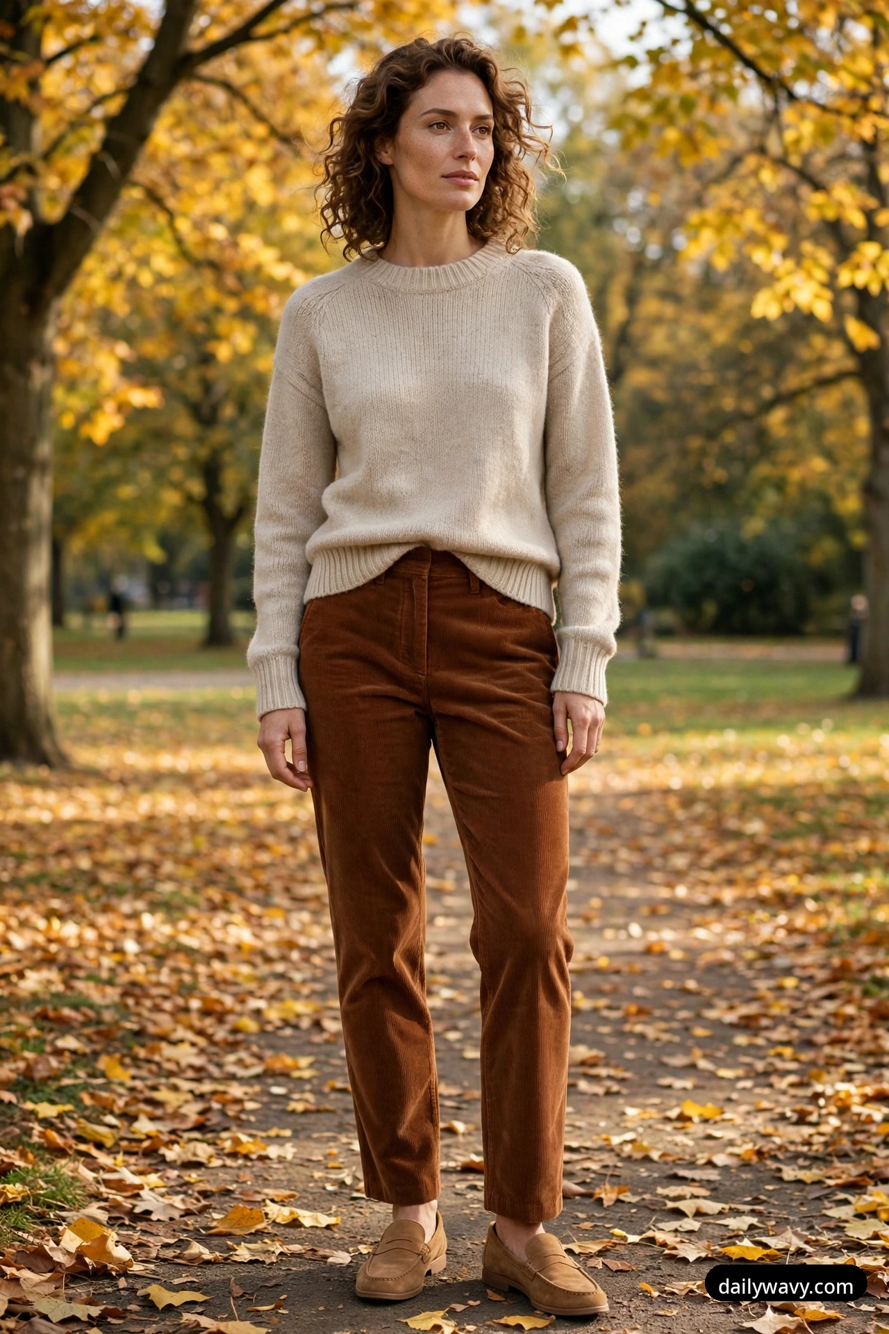A woman stands on a autumn park path wearing a cream crewneck knit tucked into rust-brown corduroy trousers and tan suede loafers.