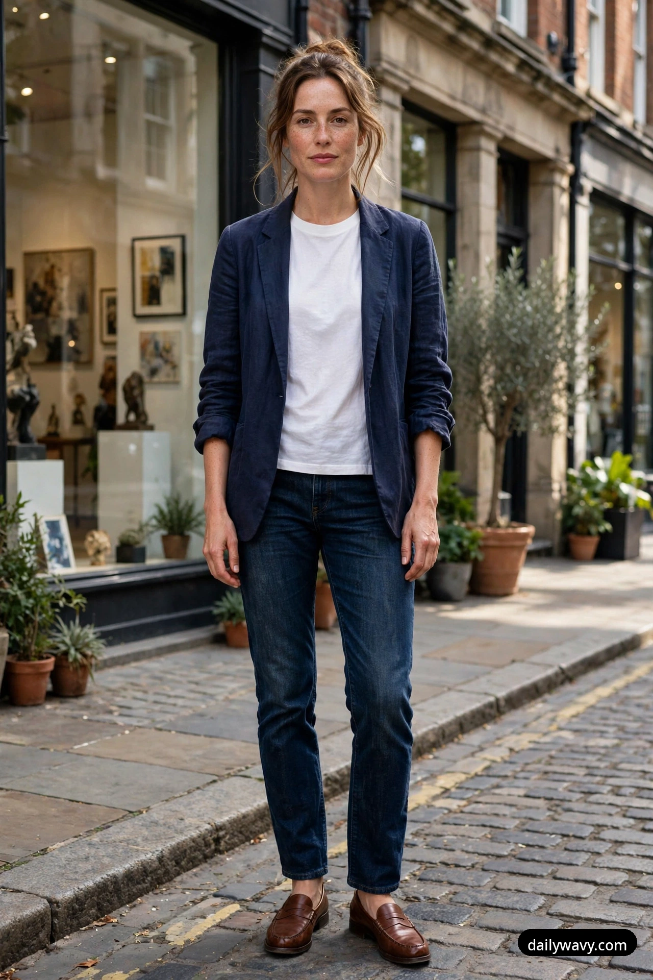 A woman stands on a cobblestone street outside an art gallery wearing a white tee under an unstructured navy blazer with dark jeans and brown loafers.