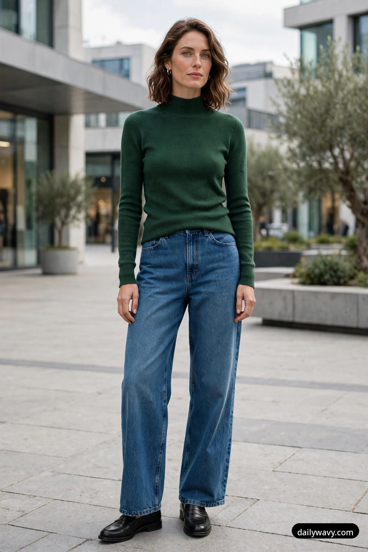 A woman stands in a modern plaza wearing a forest green mock-neck knit tucked into wide-leg medium-wash jeans and black loafers.