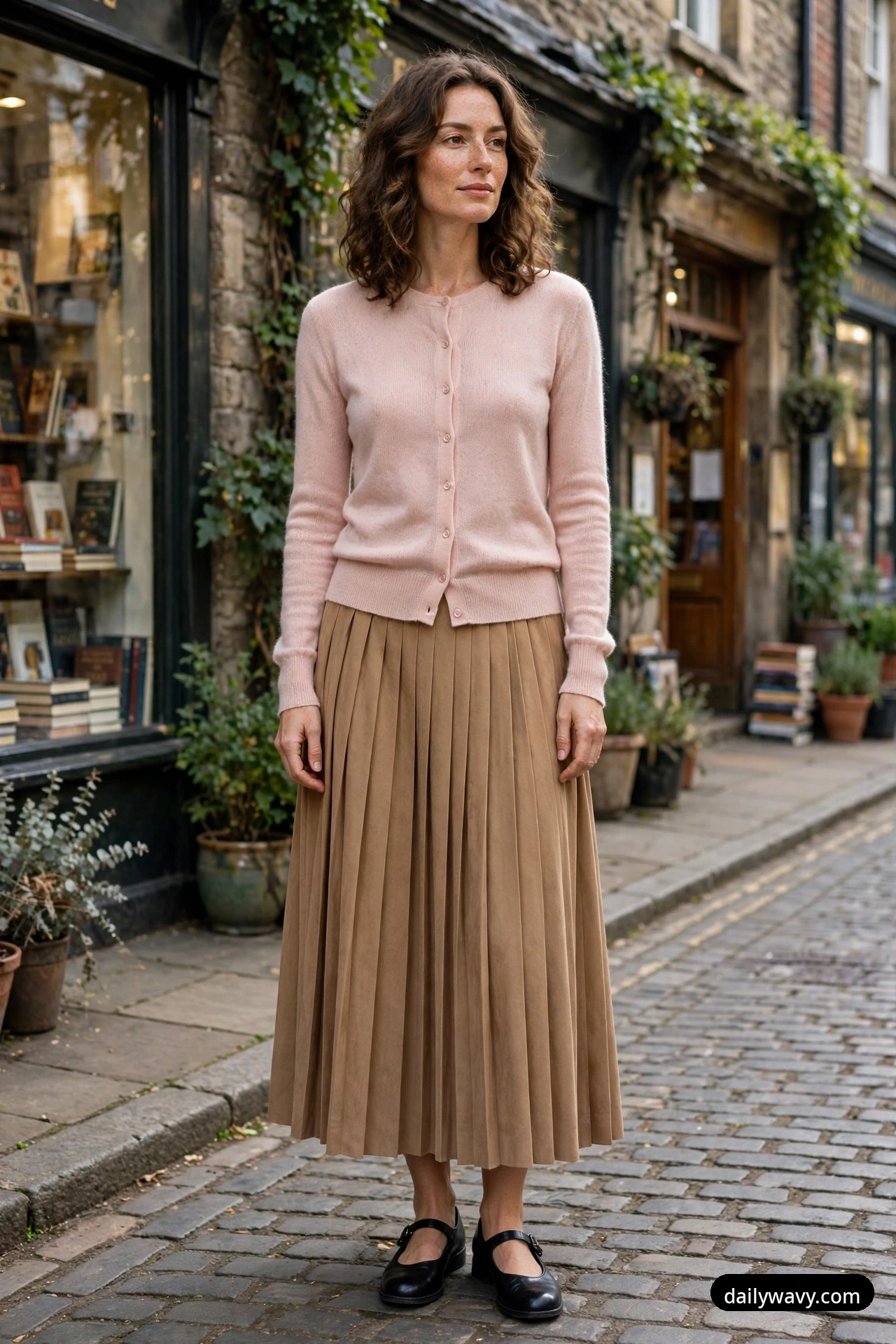 A woman stands on a cobblestone bookstore street wearing a blush pink buttoned cardigan as a top with a camel pleated midi skirt and black Mary Janes.