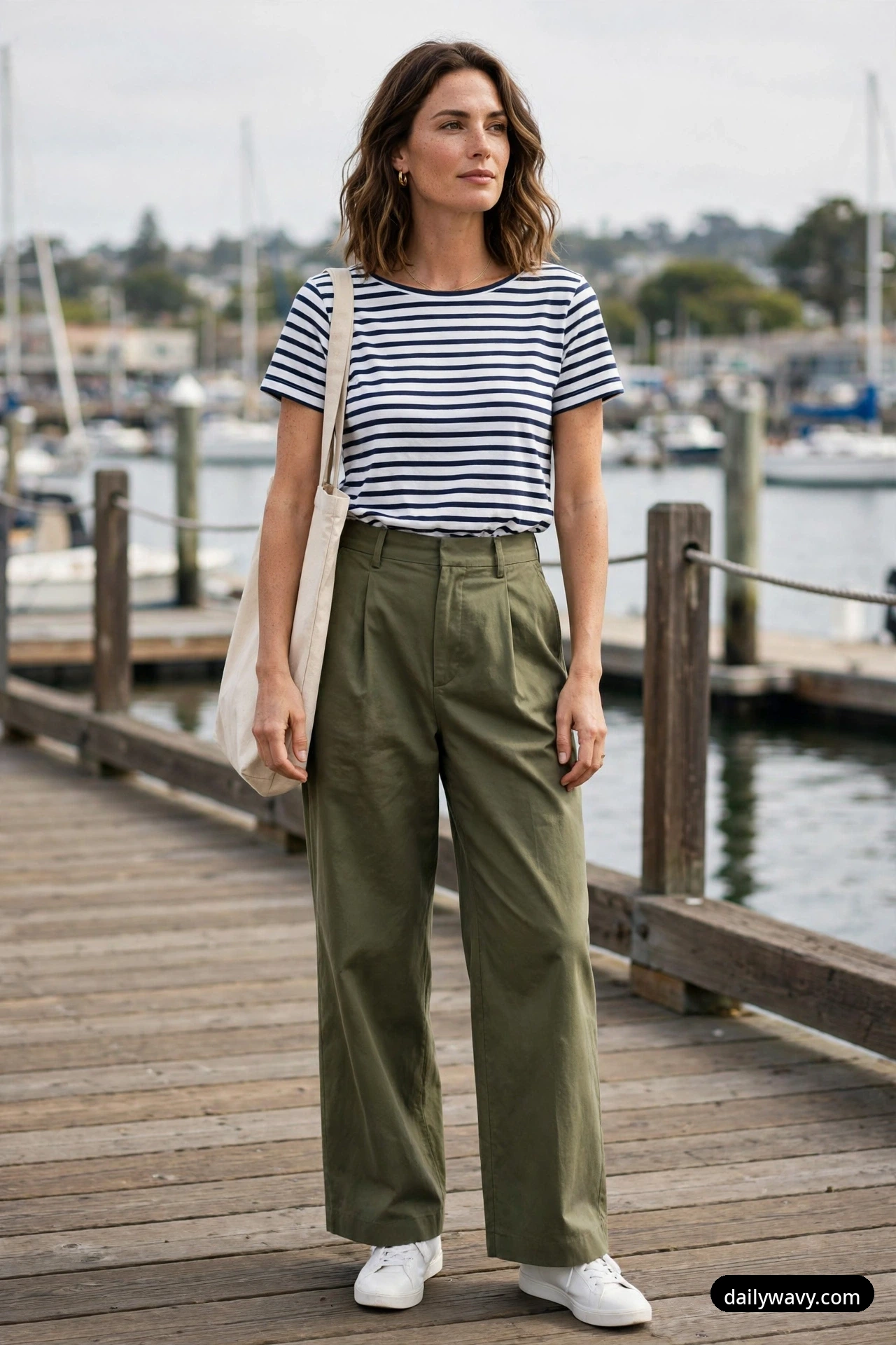 A woman stands on a wooden marina dock wearing a navy-and-white striped Breton tee tucked into olive wide-leg trousers, white sneakers and a canvas tote bag.