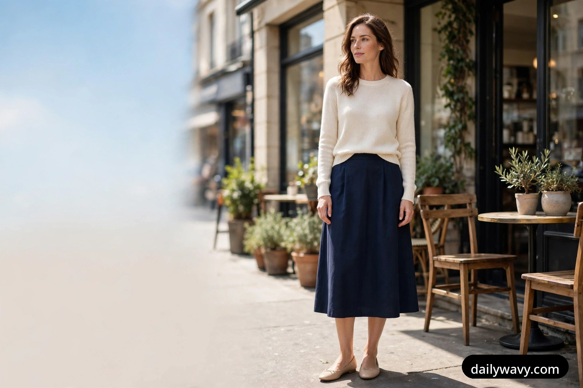 Wide view of a woman standing outside a cafe on a sunny sidewalk wearing an ivory fine-knit sweater tucked into a navy midi skirt and nude ballet flats.