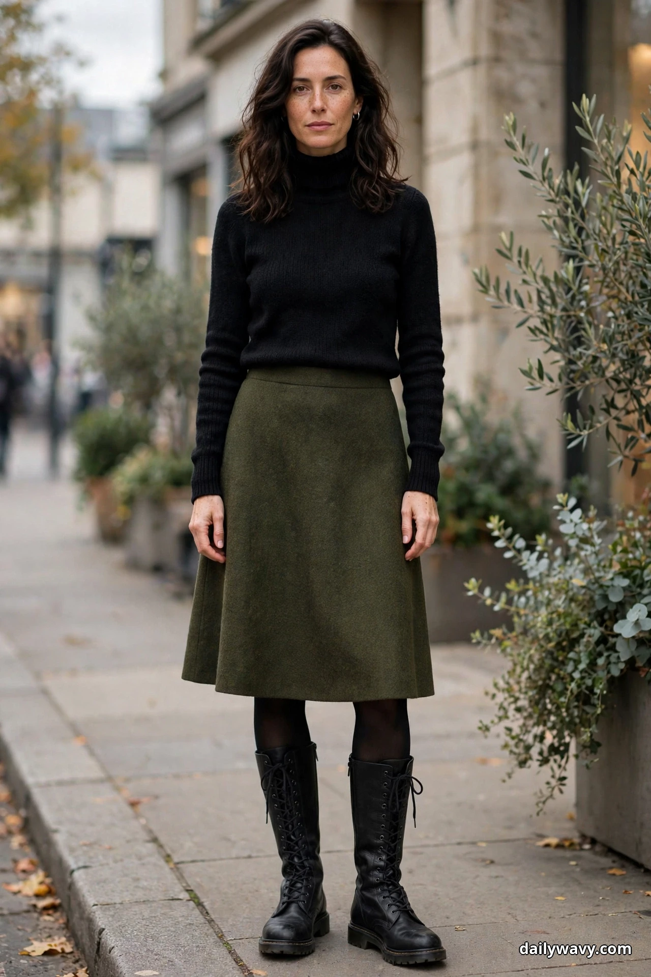 A woman stands full length on a city sidewalk wearing a black turtleneck sweater with an olive wool A-line skirt that falls below the knee, opaque black tights and tall black lace-up combat boots