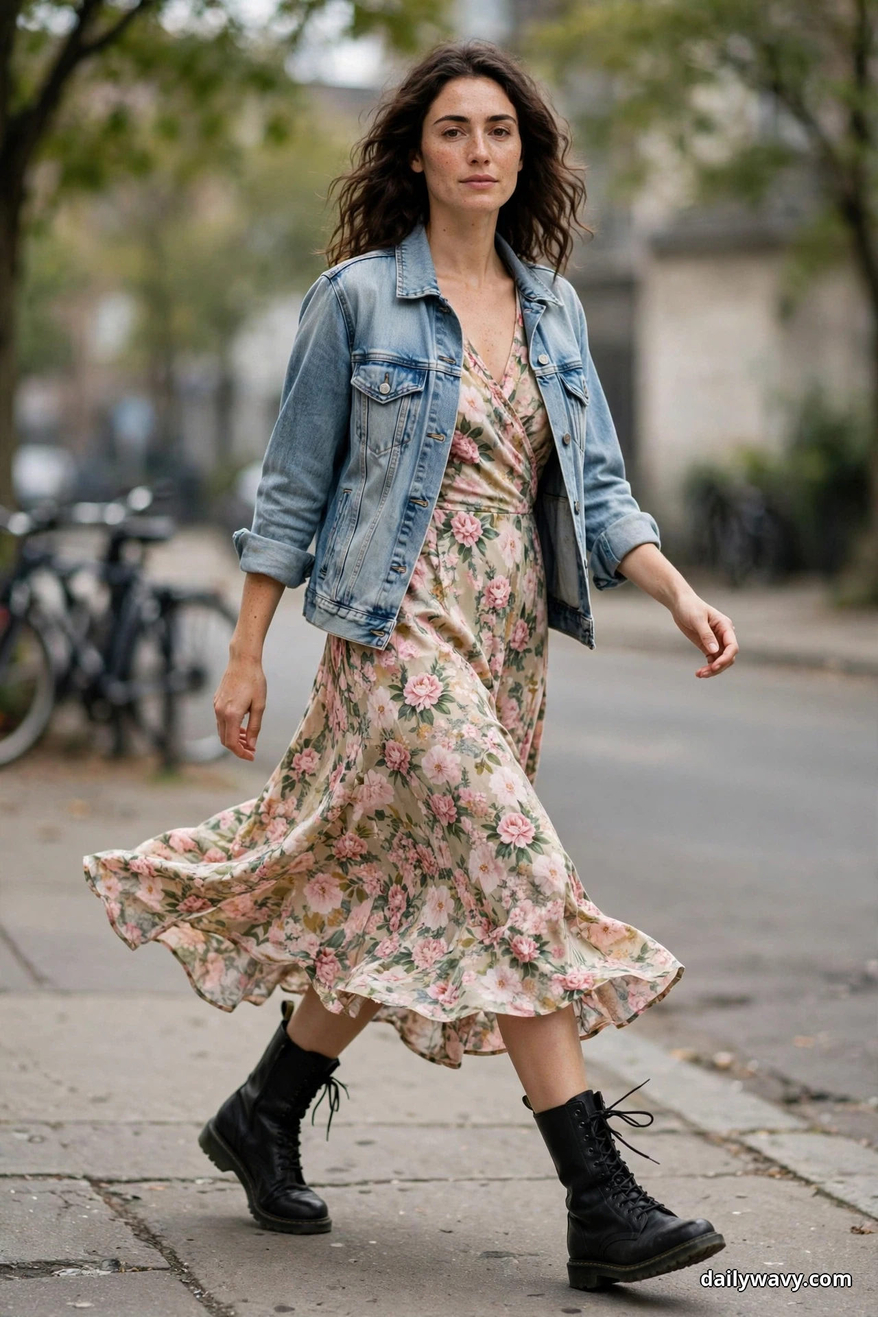 A woman walks along a city sidewalk wearing a pink floral midi wrap dress under an open light-wash denim jacket with the sleeves rolled to the forearm, with black lace-up combat boots