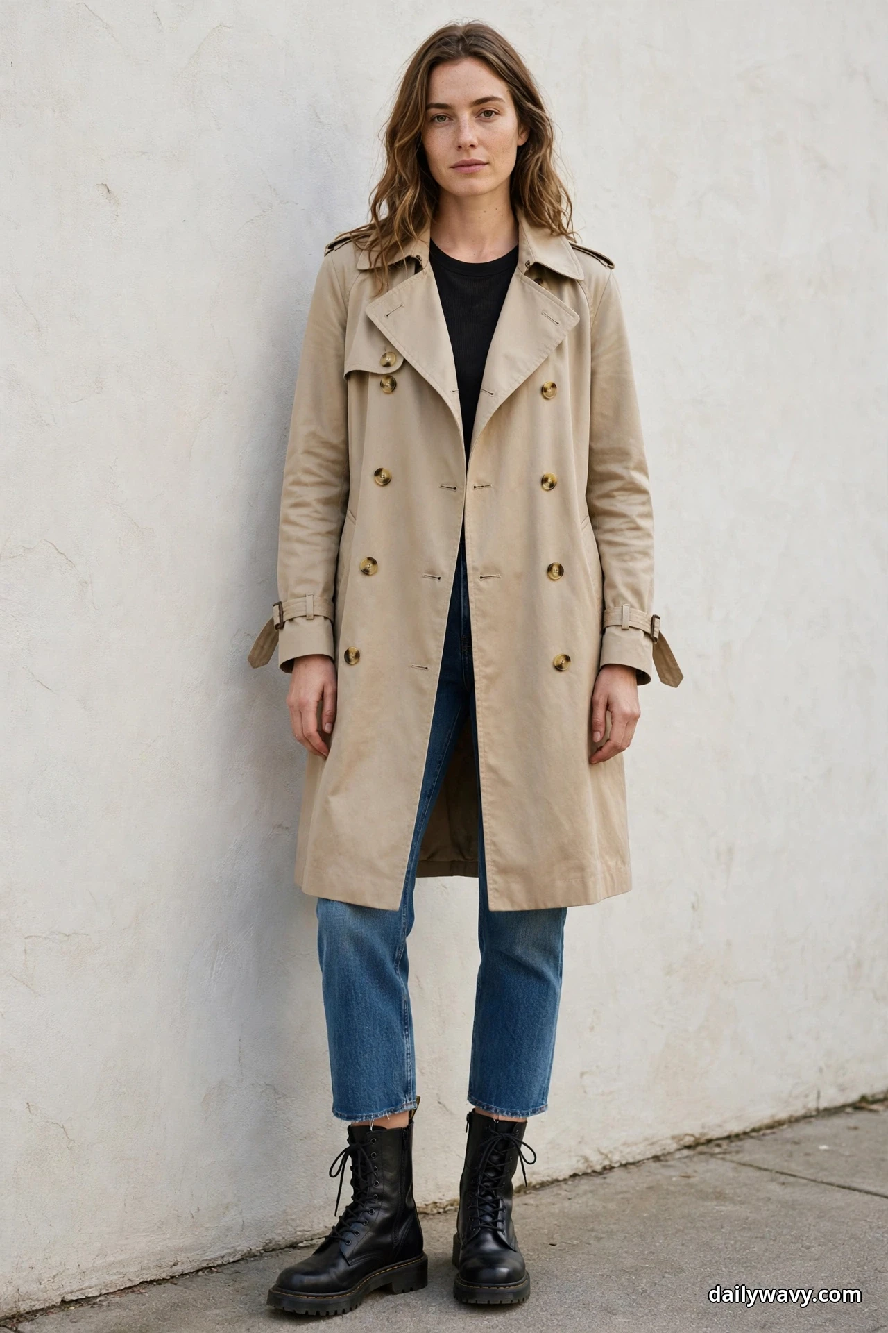 A woman stands full length against a plain plaster wall wearing a beige double-breasted trench coat open over a black top, with medium-wash straight cropped jeans and black lace-up combat boots