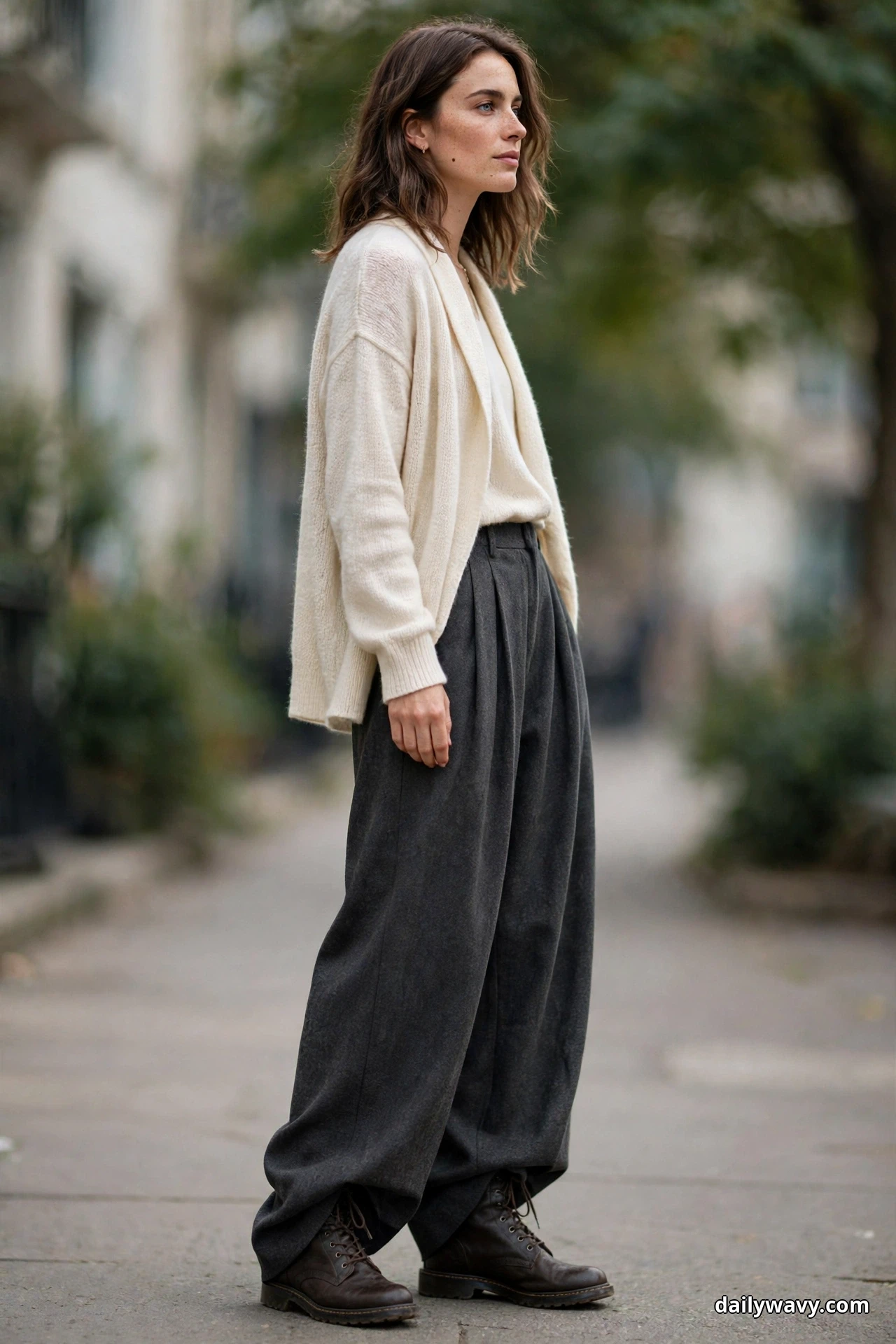 A woman stands in a three-quarter pose on a tree-lined street wearing a cream open cardigan over a cream top, with charcoal pleated wide wool trousers draping over dark brown lace-up boots