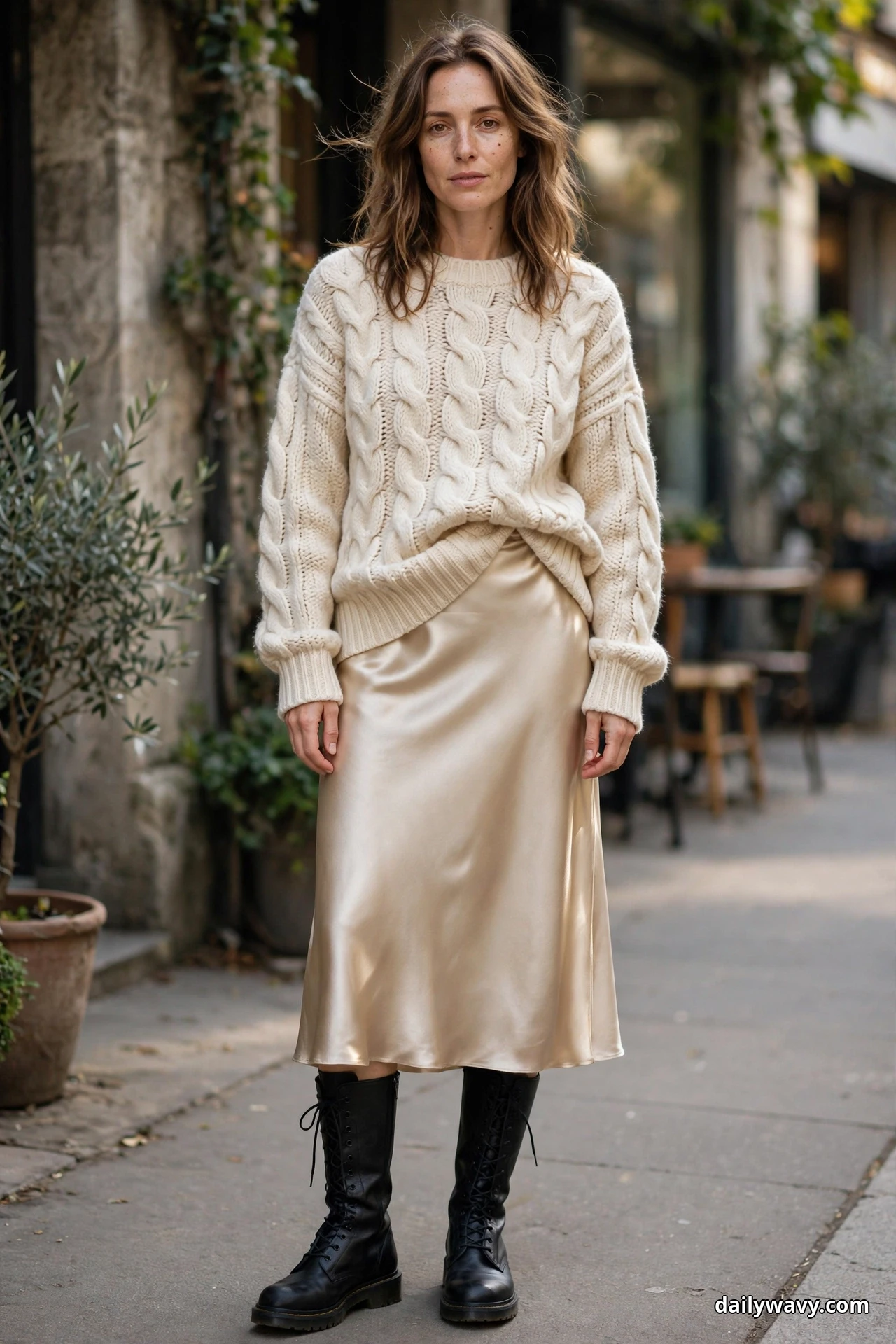 A woman stands full length on a cafe sidewalk wearing a cream chunky cable-knit sweater half-tucked into a champagne satin slip midi skirt, with tall black lace-up combat boots