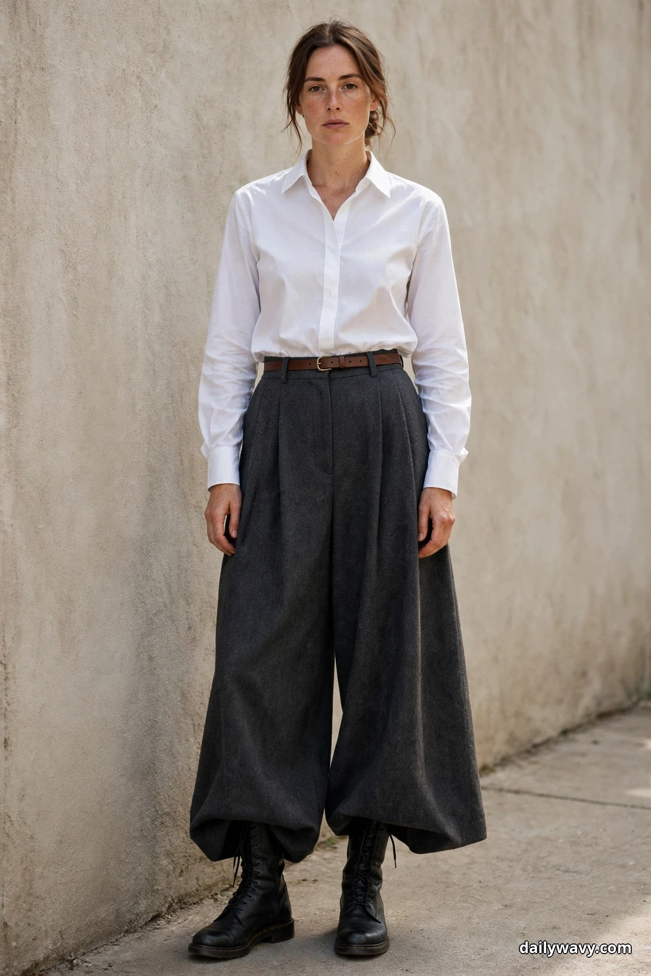 A woman stands full length against a plain plaster wall wearing a white shirt tucked into charcoal high-waisted wide-leg wool trousers with a brown belt, the hems draping over black lace-up combat boots