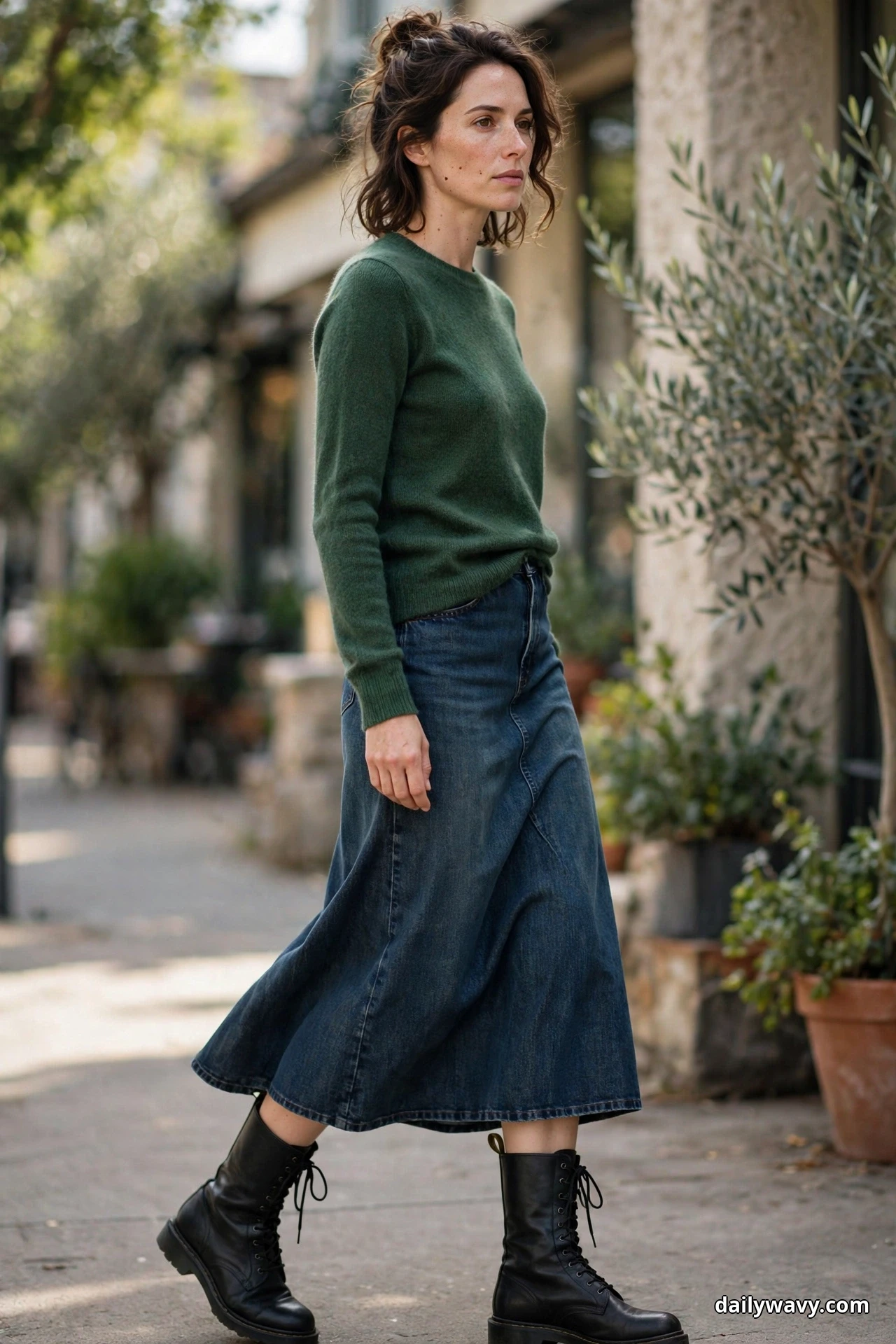 A woman stands in a three-quarter pose on a cafe sidewalk wearing a forest green fine-knit sweater tucked into a dark denim A-line midi skirt, with black lace-up combat boots