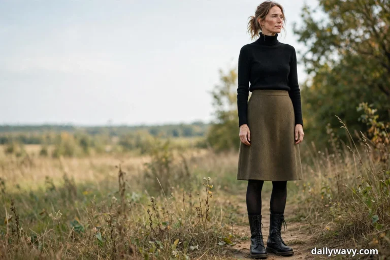A woman stands full length on a path through an autumn field wearing a black turtleneck sweater with an olive herringbone wool A-line skirt that falls below the knee, opaque black tights and black lace-up combat boots