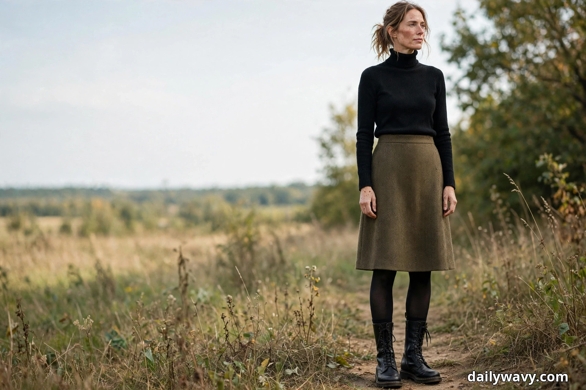 A woman stands full length on a path through an autumn field wearing a black turtleneck sweater with an olive herringbone wool A-line skirt that falls below the knee, opaque black tights and black lace-up combat boots