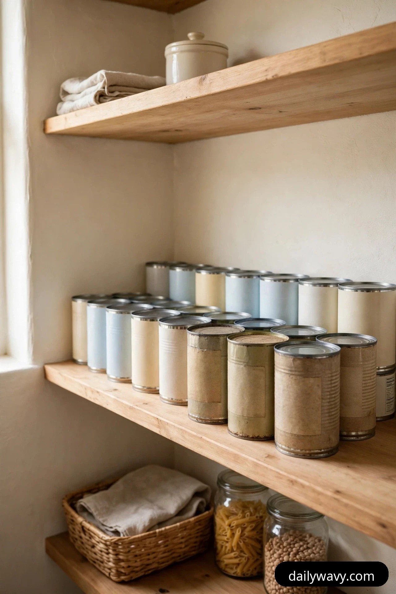 A closer view shows rows of canned goods lined up several deep on a wooden corner pantry shelf, with glass jars of pasta and beans stored on the shelf below.