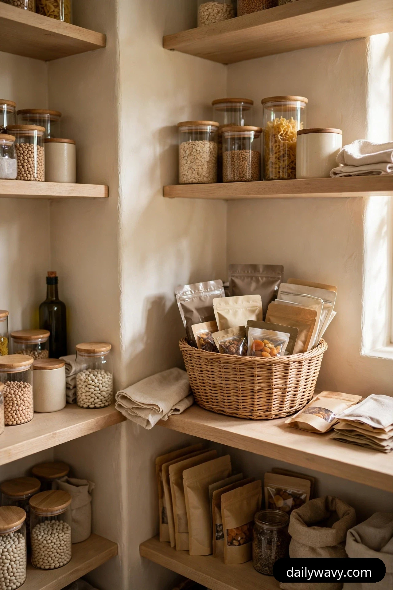A woven basket on a corner pantry shelf holds upright pouches of dried fruit and nuts as backup stock, with glass canisters of grains and beans on the shelves around it.
