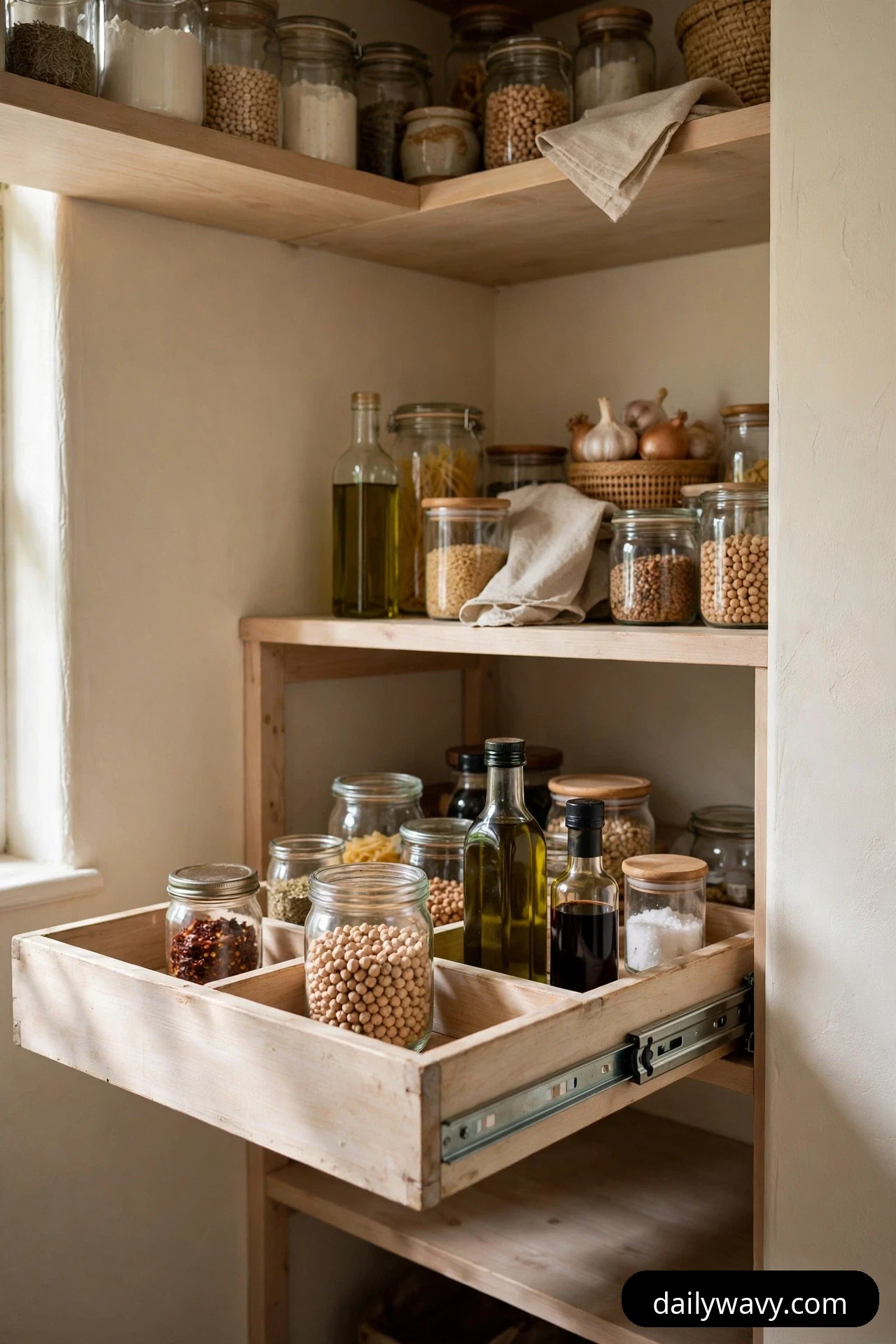 A wooden pull-out tray on metal runners slides forward from a deep corner pantry shelf, holding jars of chickpeas and chili flakes beside bottles of oil and vinegar so the back of the shelf stays reachable.