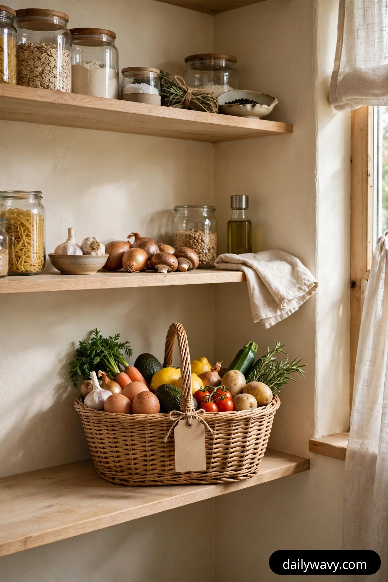 A woven basket with a blank paper tag tied to its handle sits on a corner pantry shelf, filled with fresh vegetables, lemons and eggs gathered for the week’s meals.